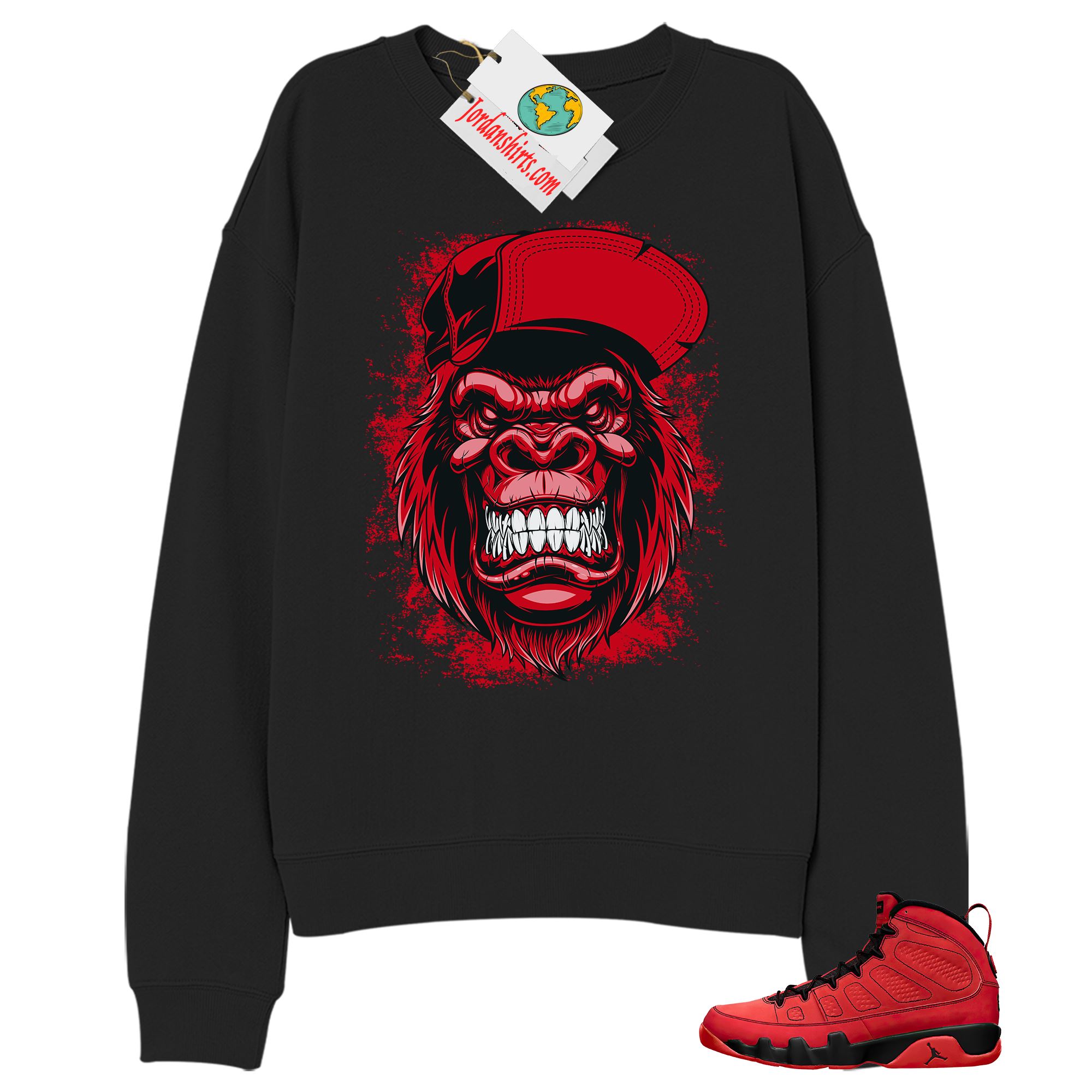 Jordan 9 Sweatshirt, Ferocious Gorilla Black Sweatshirt Air Jordan 9 Chile Red 9s Full Size Up To 5xl