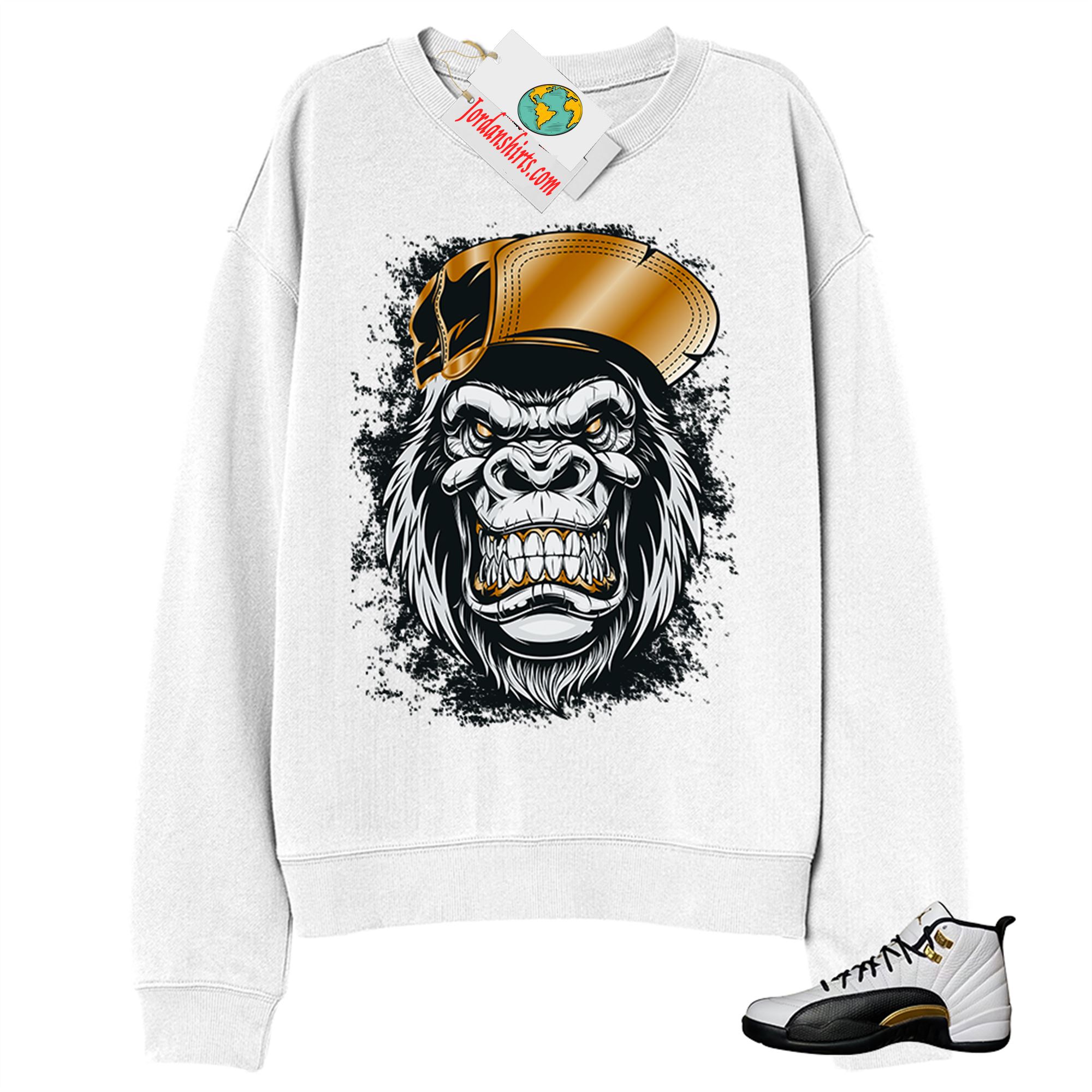 Jordan 12 Sweatshirt, Ferocious Gorilla White Sweatshirt Air Jordan 12 Royalty 12s Plus Size Up To 5xl