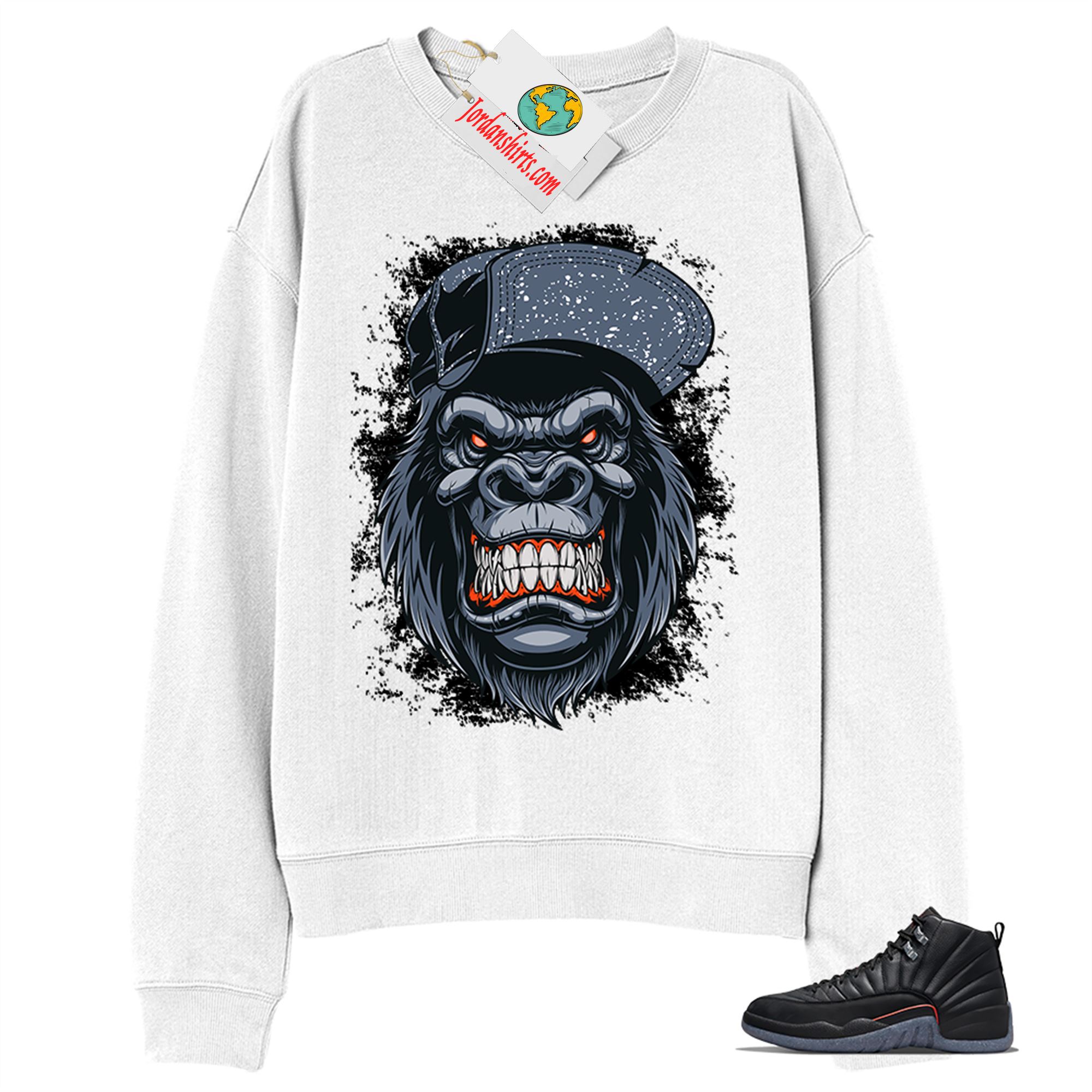 Jordan 12 Sweatshirt, Ferocious Gorilla White Sweatshirt Air Jordan 12 Utility Grind 12s Size Up To 5xl