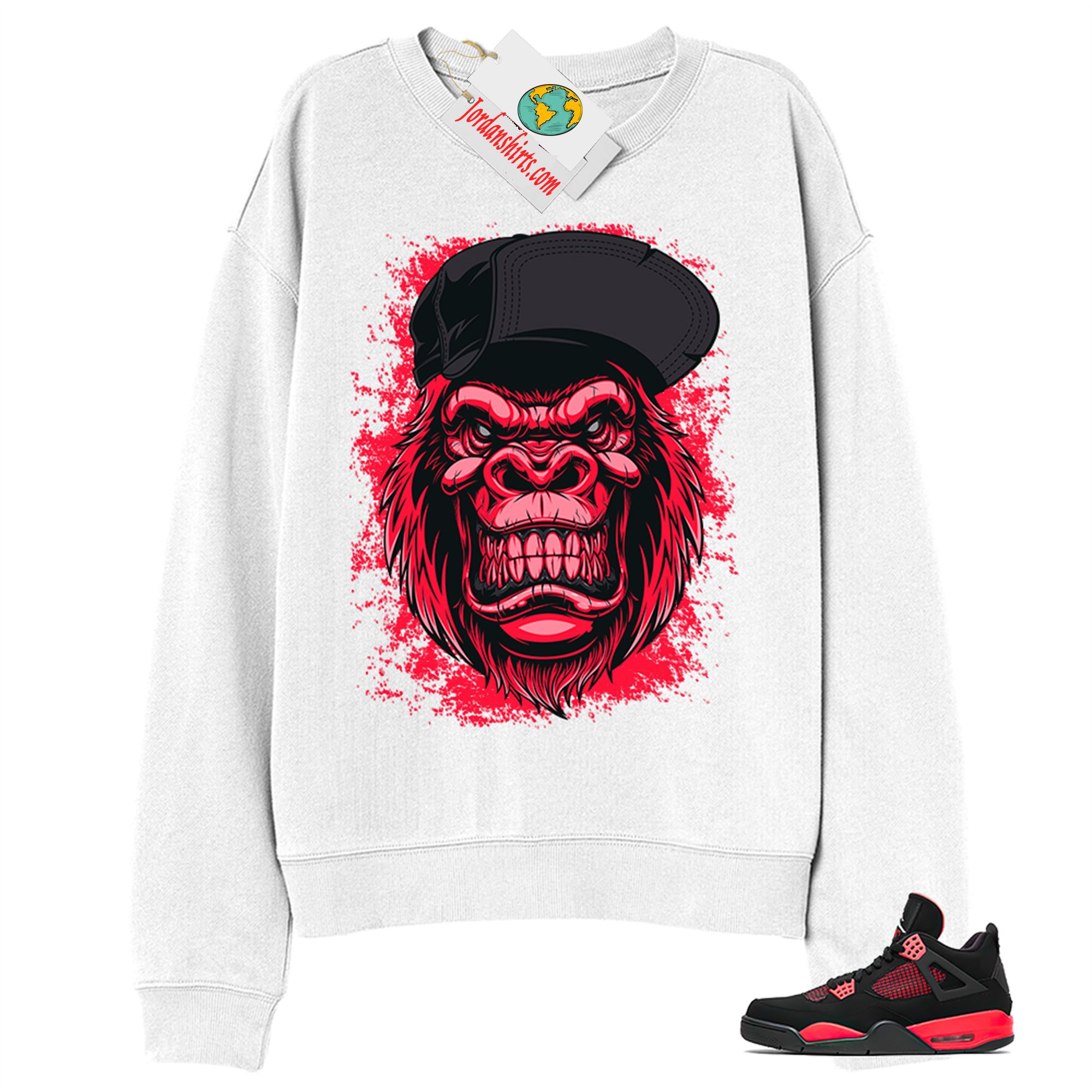 Jordan 4 Sweatshirt, Ferocious Gorilla White Sweatshirt Air Jordan 4 Red Thunder 4s Full Size Up To 5xl