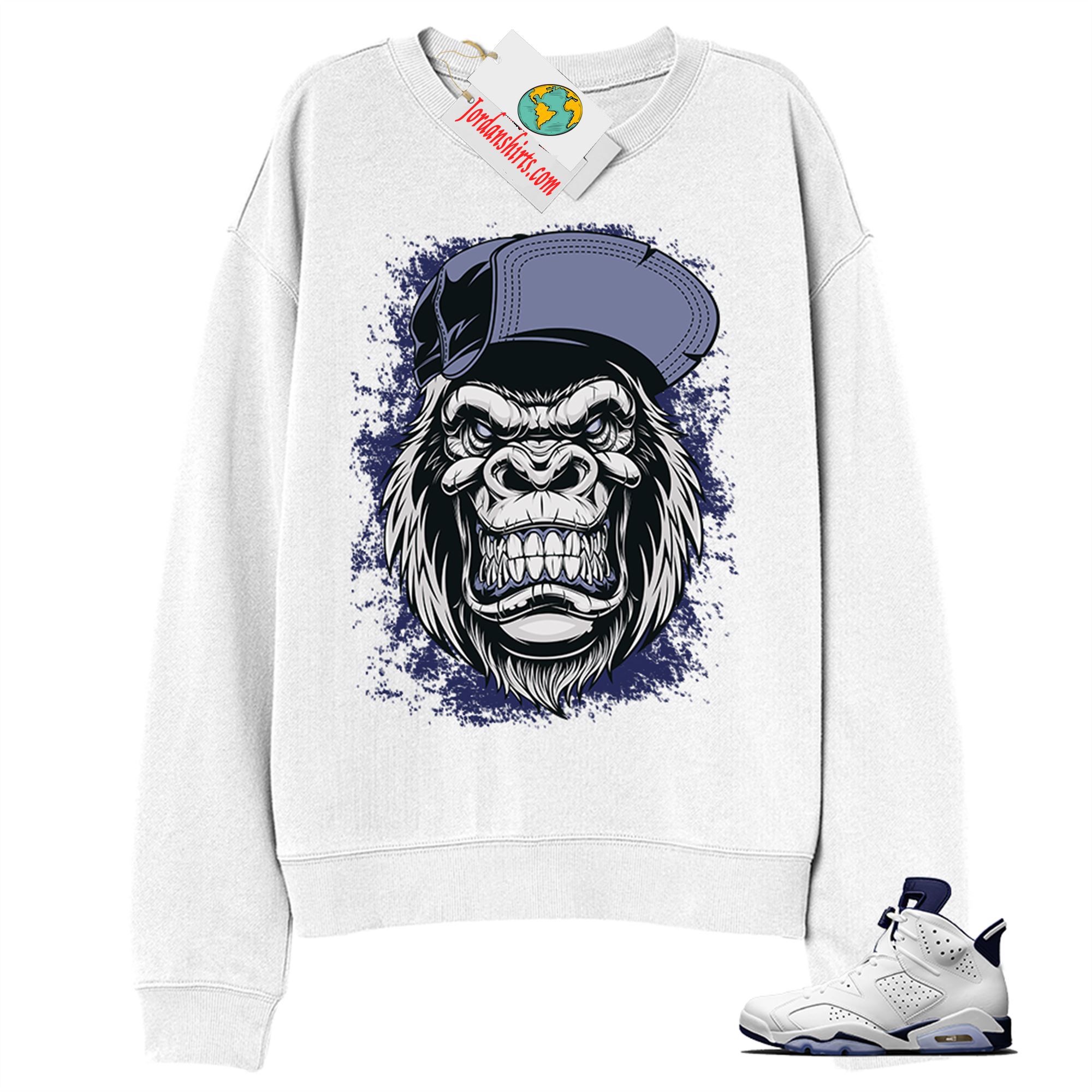 Jordan 6 Sweatshirt, Ferocious Gorilla White Sweatshirt Air Jordan 6 Midnight Navy 6s Plus Size Up To 5xl