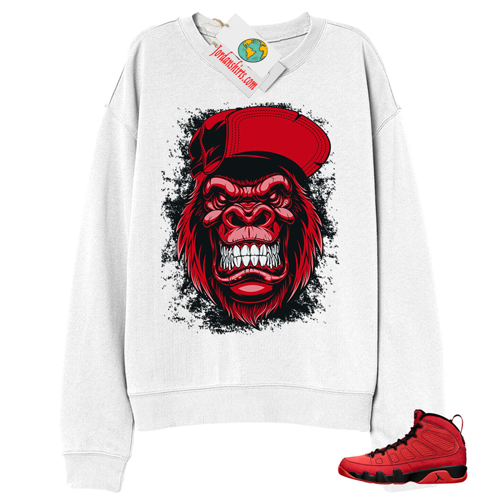 Jordan 9 Sweatshirt, Ferocious Gorilla White Sweatshirt Air Jordan 9 Chile Red 9s Plus Size Up To 5xl