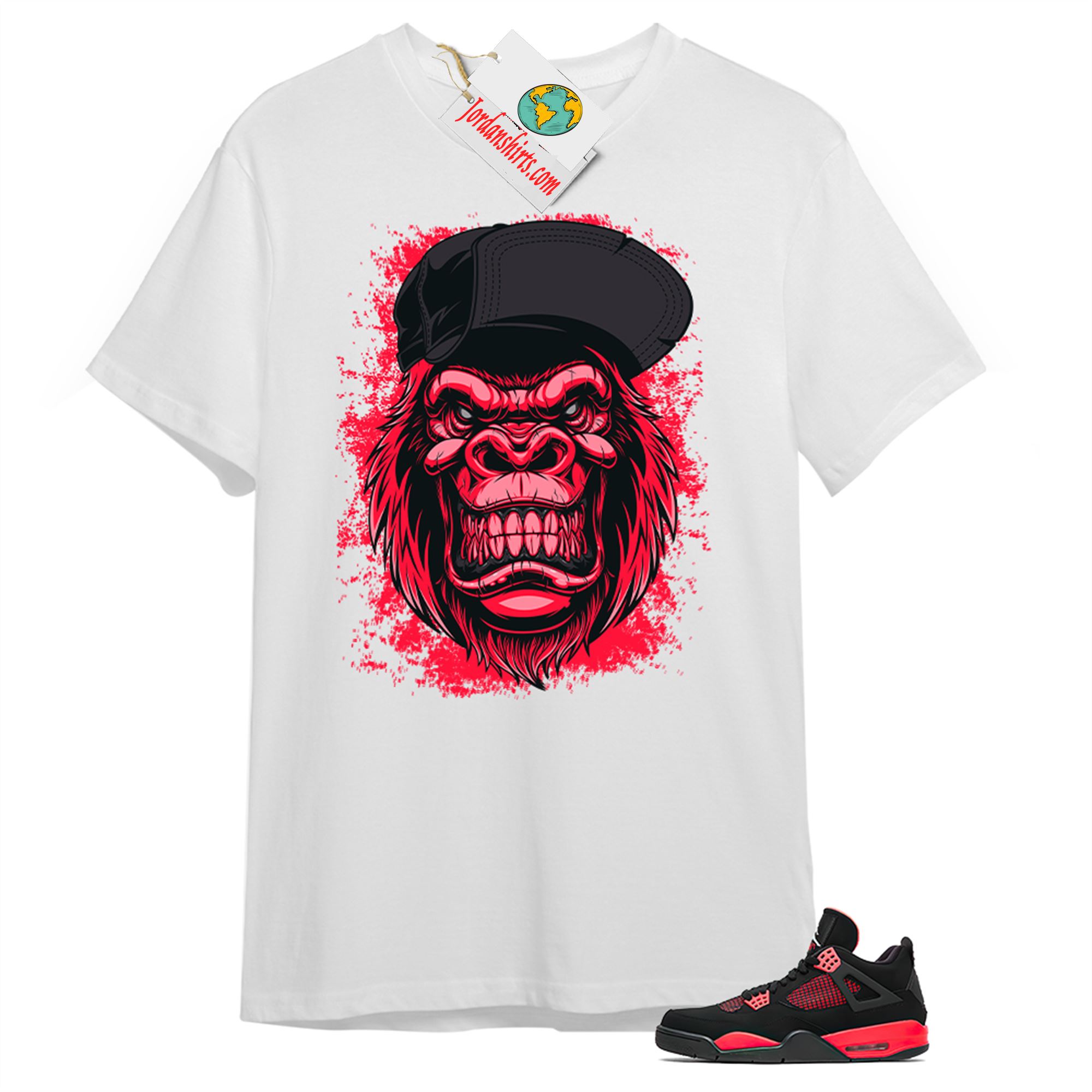 Jordan 4 Shirt, Ferocious Gorilla White T-shirt Air Jordan 4 Red Thunder 4s Size Up To 5xl
