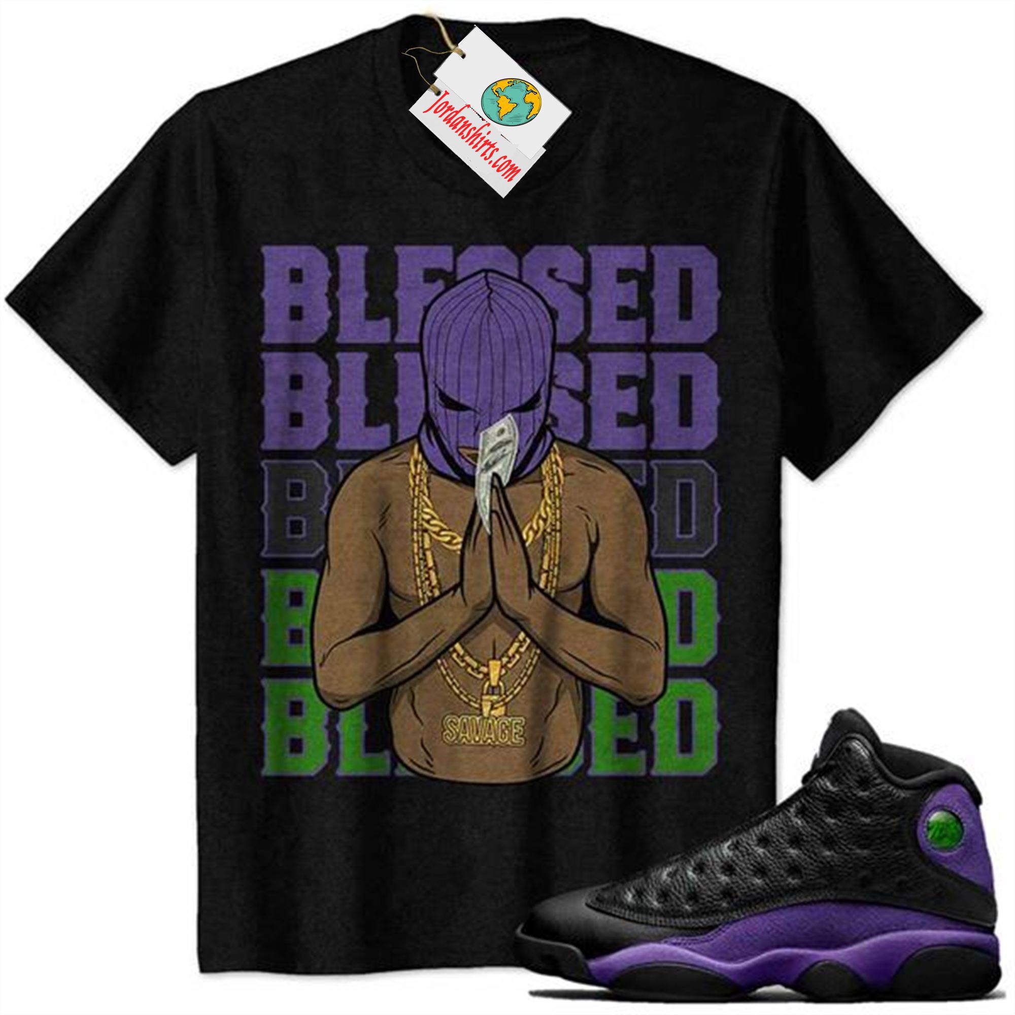 Jordan 13 Shirt, Gangster Ski Mask Man Savage Blessed Black Air Jordan 13 Court Purple 13s Size Up To 5xl