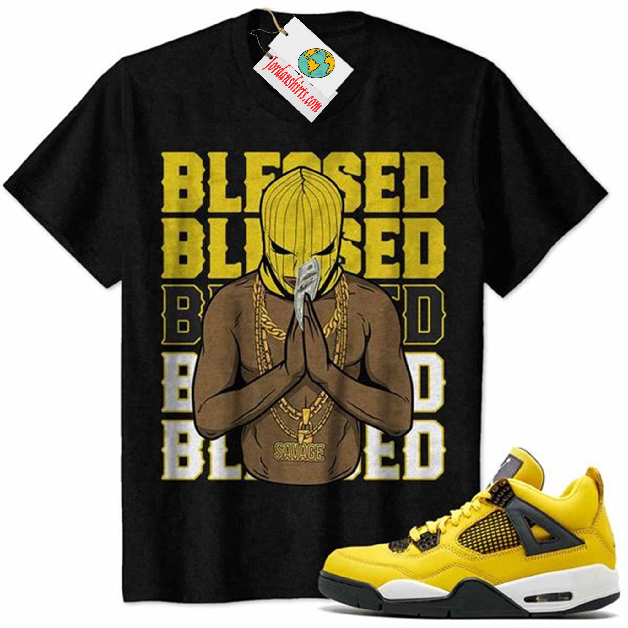 Jordan 4 Shirt, Gangster Ski Mask Man Savage Blessed Black Air Jordan 4 Tour Yellow Lightning 4s-trungten-stfbr Plus Size Up To 5xl