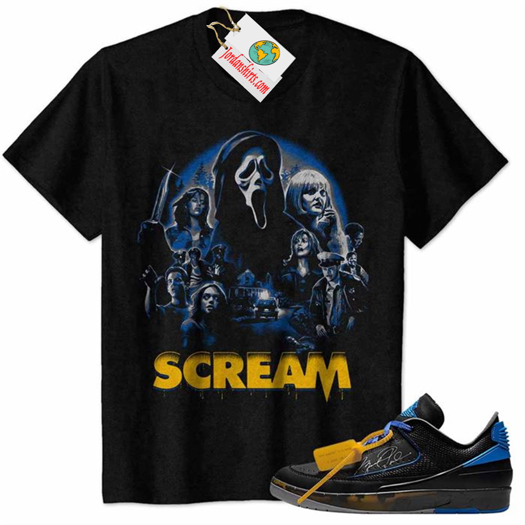 Jordan 2 Shirt, Ghostface Scream Horror Movies Billy Loomis 2022 Black Air Jordan 2 Low X Off-white Black And Varsity Royal 2s Size Up To 5xl