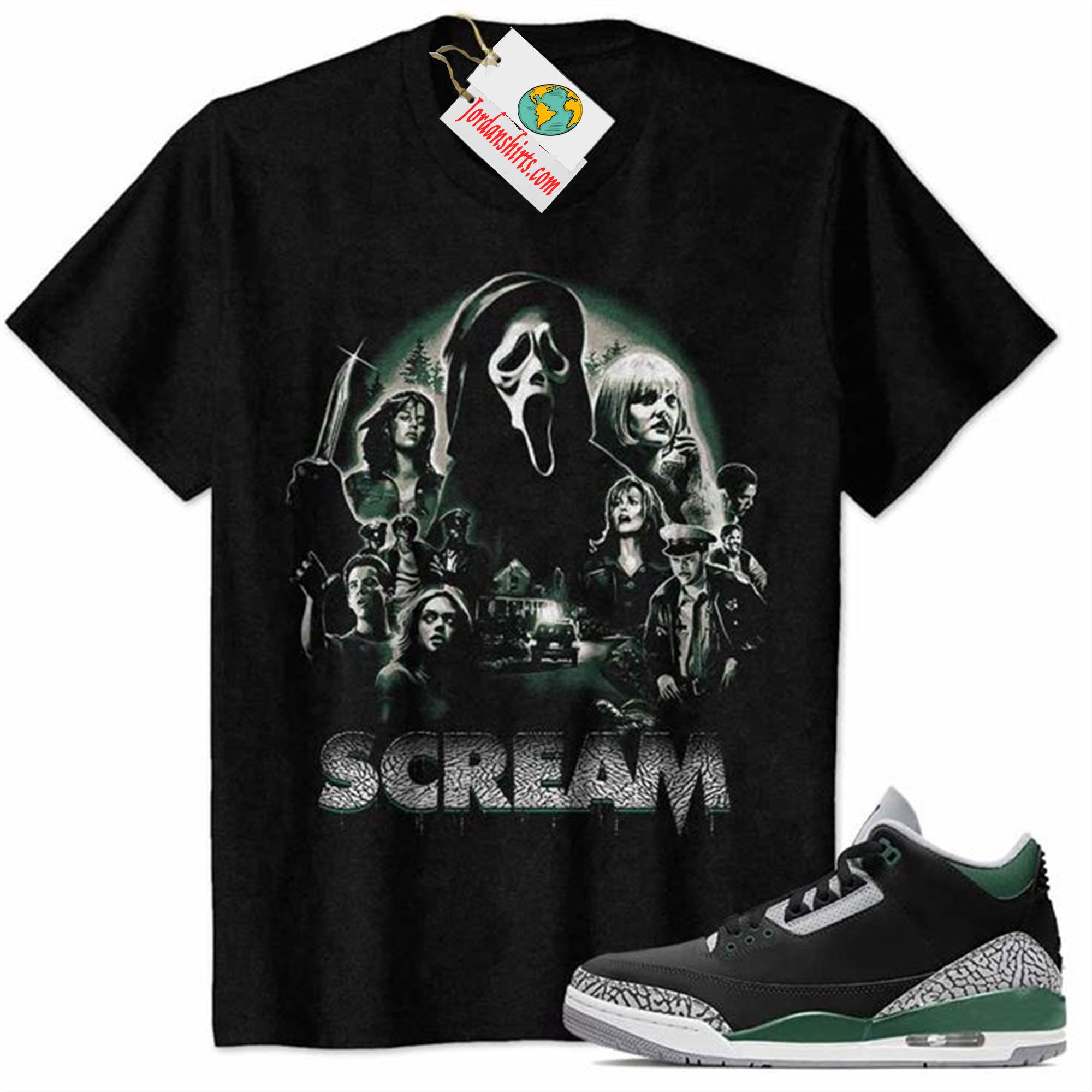 Jordan 3 Shirt, Ghostface Scream Horror Movies Billy Loomis 2022 Black Air Jordan 3 Pine Green 3s Size Up To 5xl