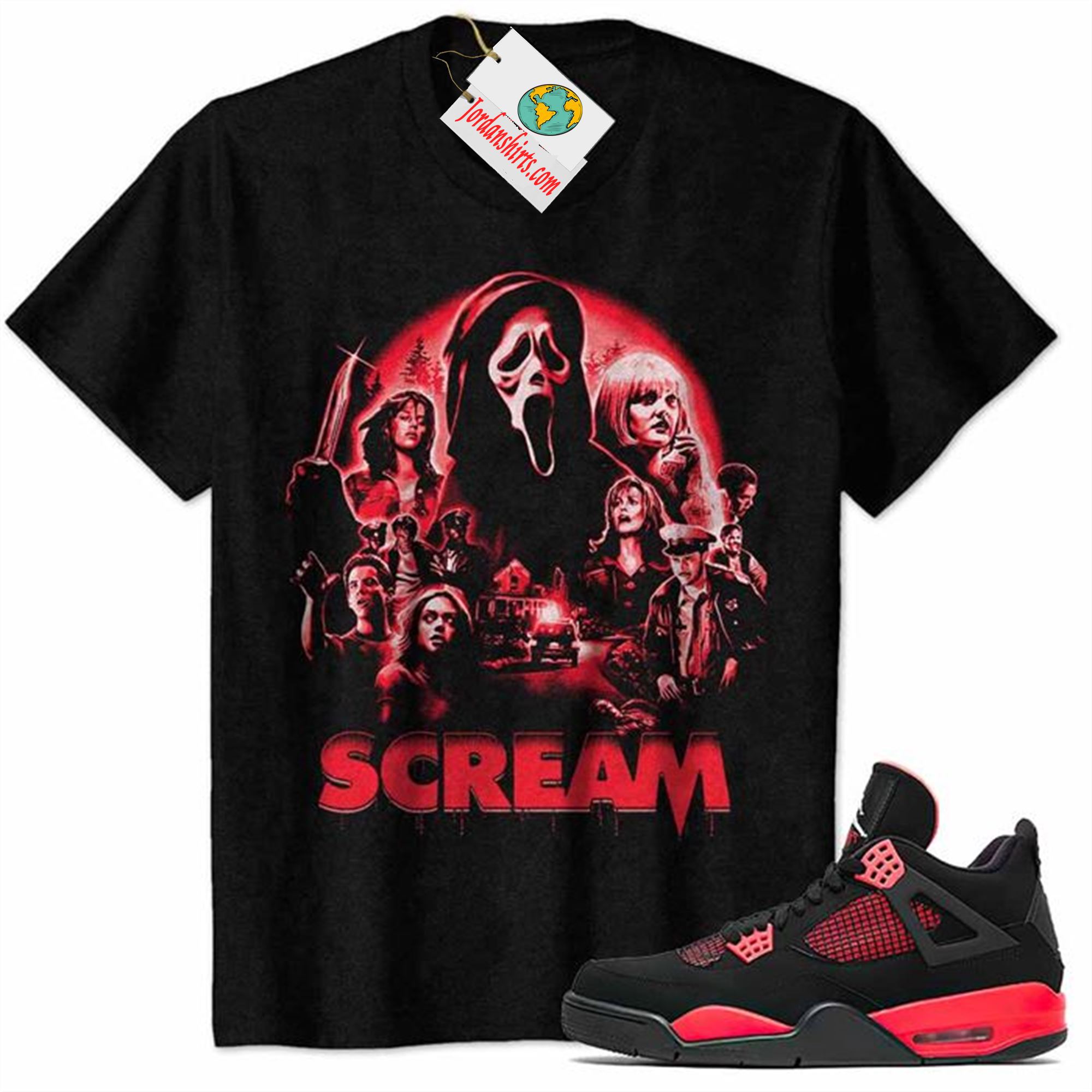 Jordan 4 Shirt, Ghostface Scream Horror Movies Billy Loomis 2022 Black Air Jordan 4 Red Thunder 4s Full Size Up To 5xl