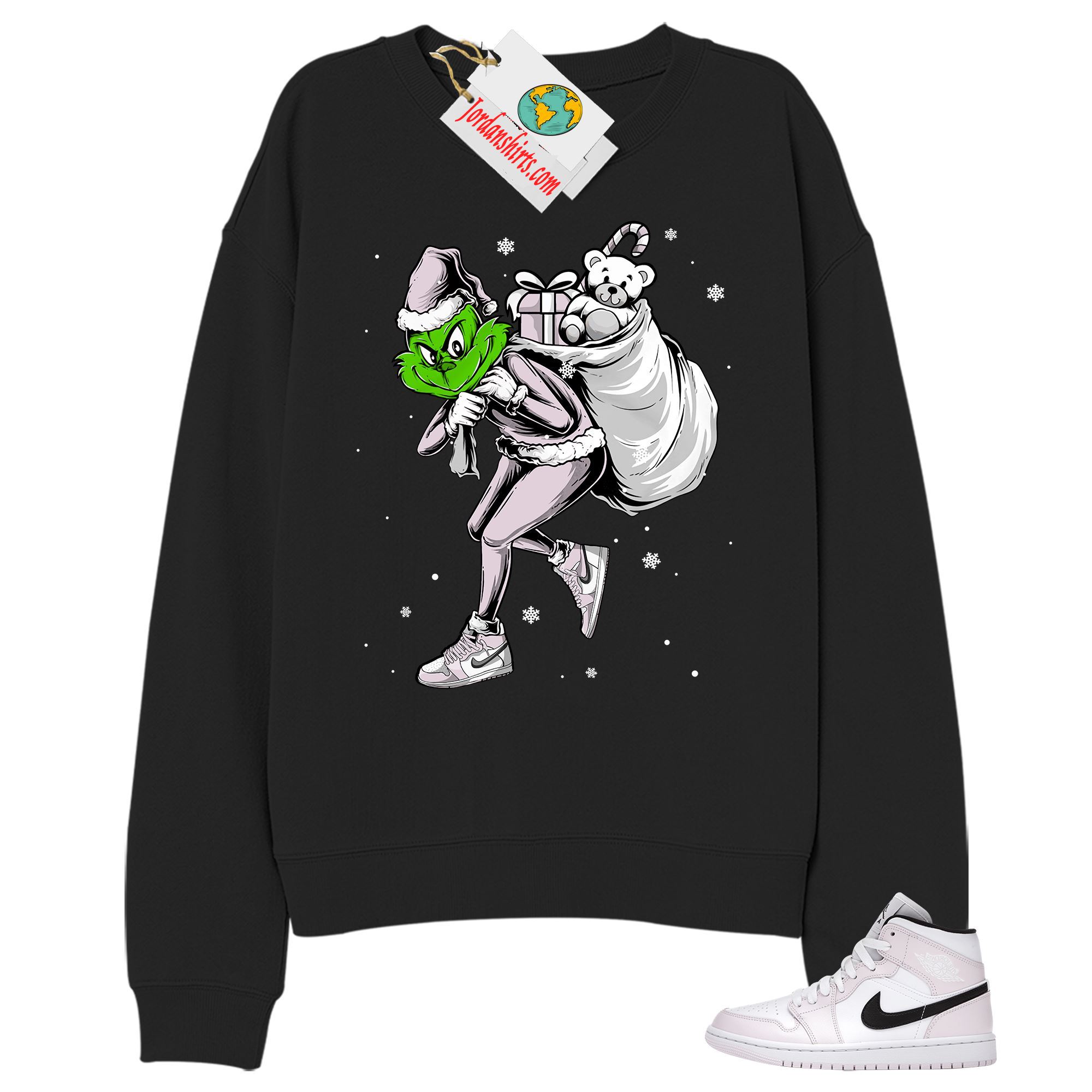 Jordan 1 Sweatshirt, Grinch Stolen Christmas Black Sweatshirt Air Jordan 1 Barely Rose 1s Full Size Up To 5xl