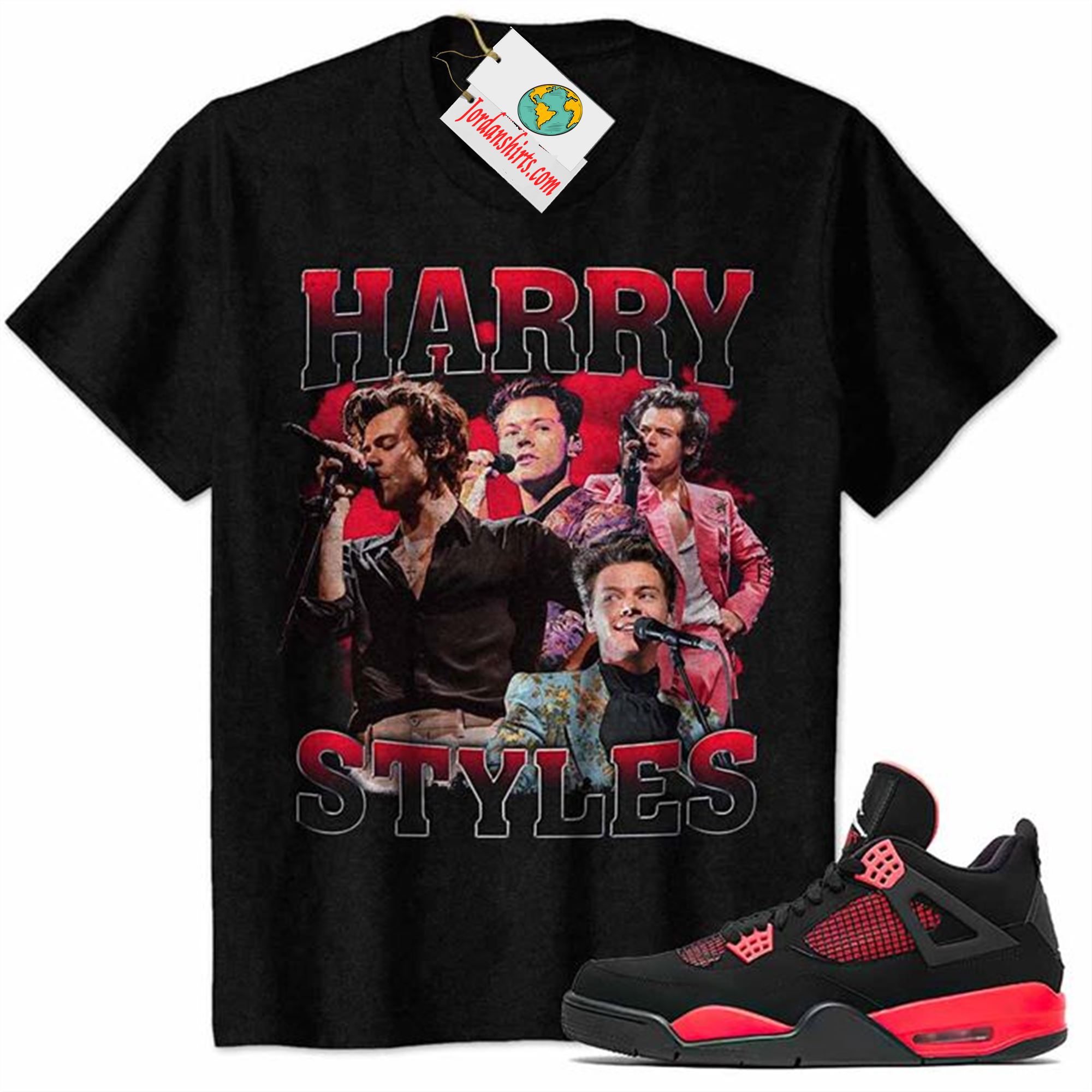 Jordan 4 Shirt, Harry Styles Vintage 90s Black Air Jordan 4 Red Thunder 4s Plus Size Up To 5xl