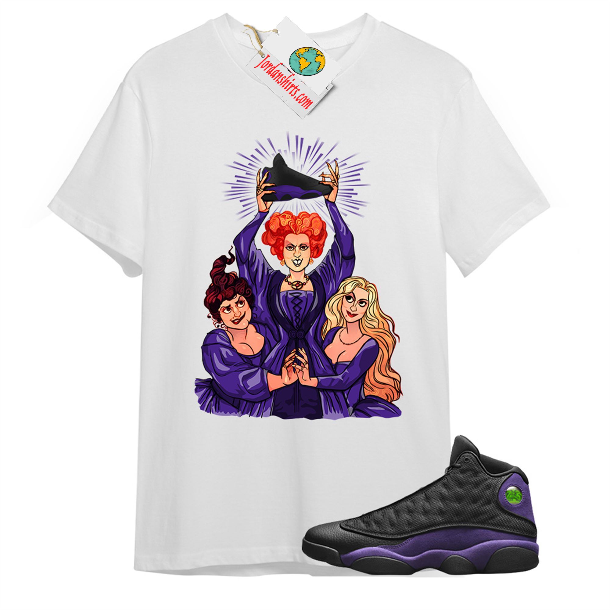 Jordan 13 Shirt, Hocus Pocus Three Witches White T-shirt Air Jordan 13 Court Purple 13s Plus Size Up To 5xl