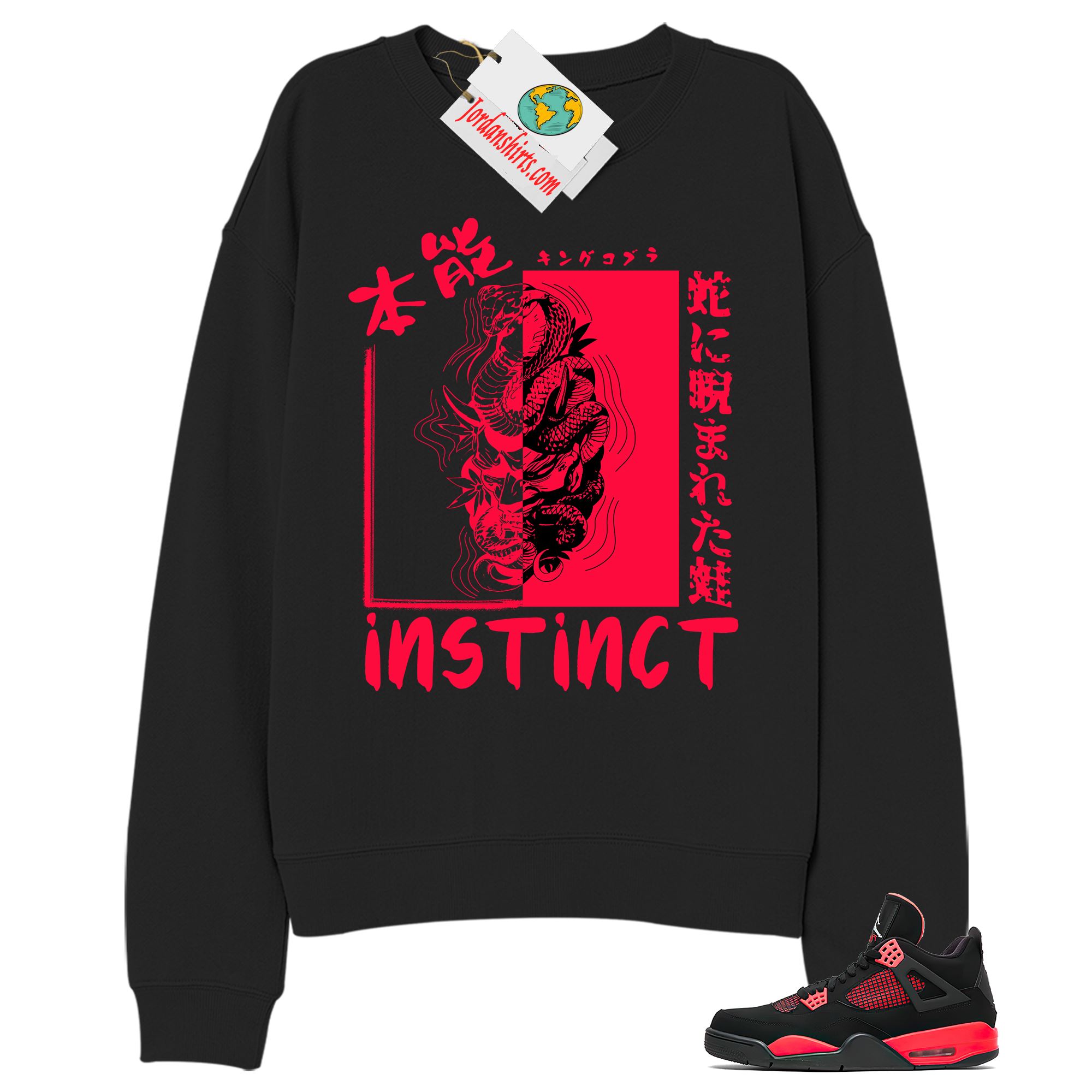 Jordan 4 Sweatshirt, Instinct Fearless Snake Black Sweatshirt Air Jordan 4 Red Thunder 4s Full Size Up To 5xl