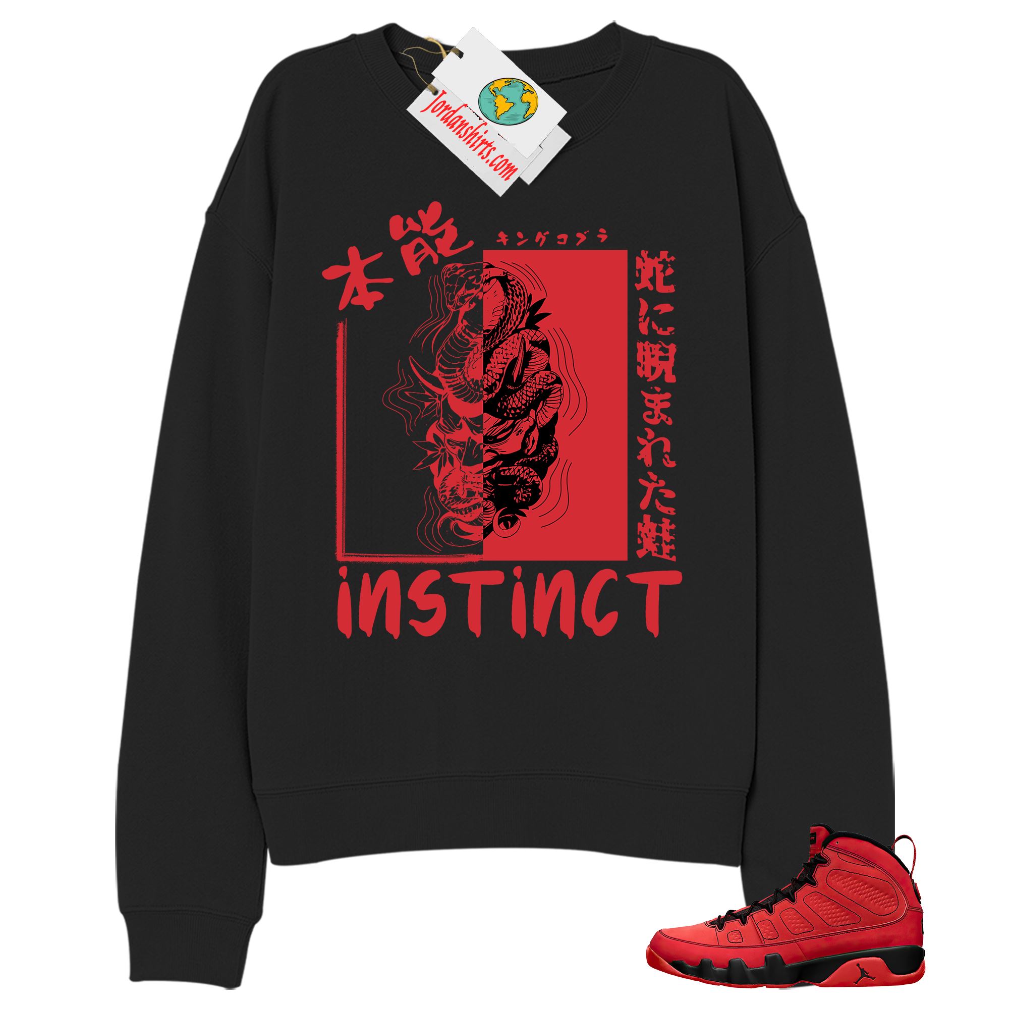 Jordan 9 Sweatshirt, Instinct Fearless Snake Black Sweatshirt Air Jordan 9 Chile Red 9s Size Up To 5xl