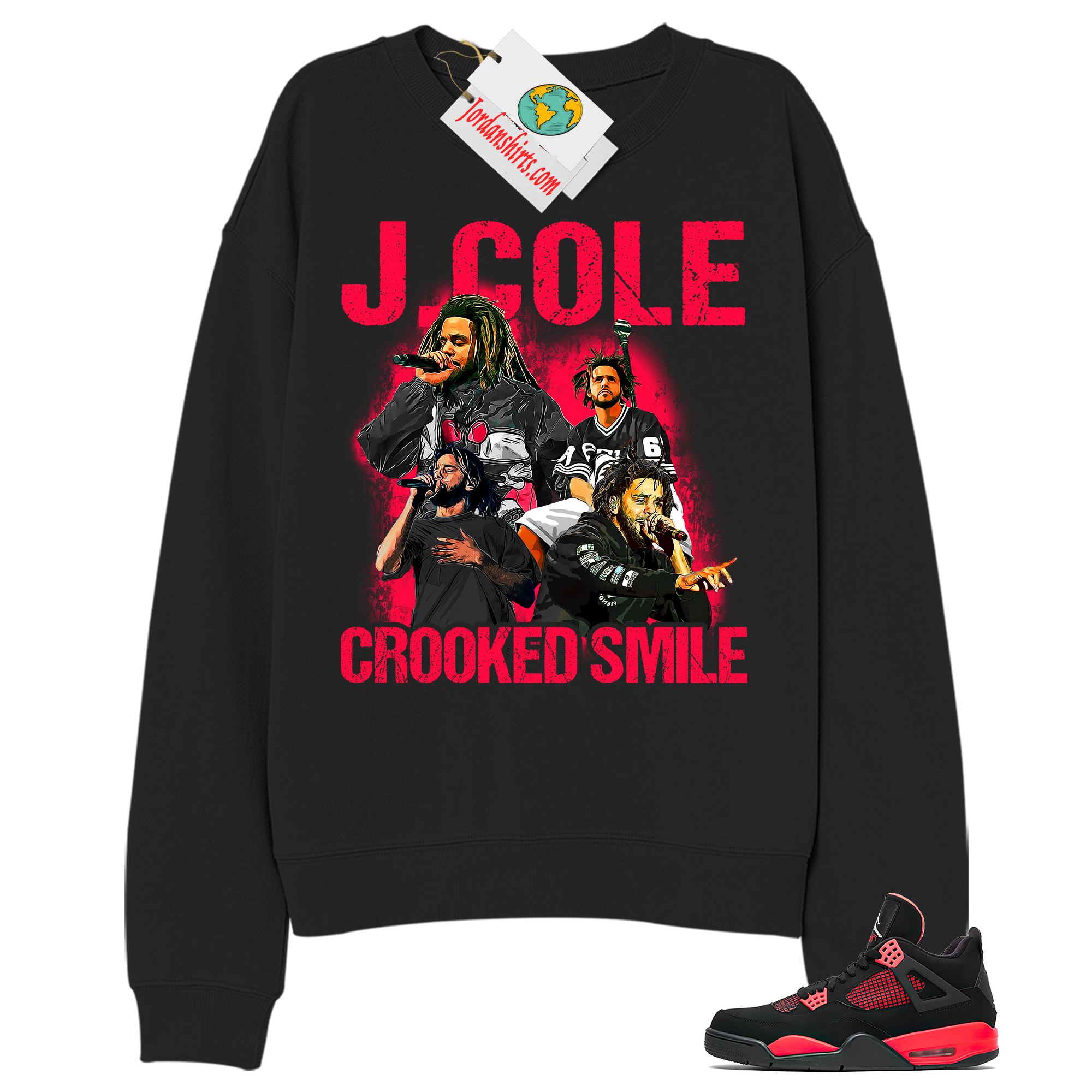 Jordan 4 Sweatshirt, J Cole Bootleg Vintage Raptee Black Sweatshirt Air Jordan 4 Red Thunder 4s Plus Size Up To 5xl