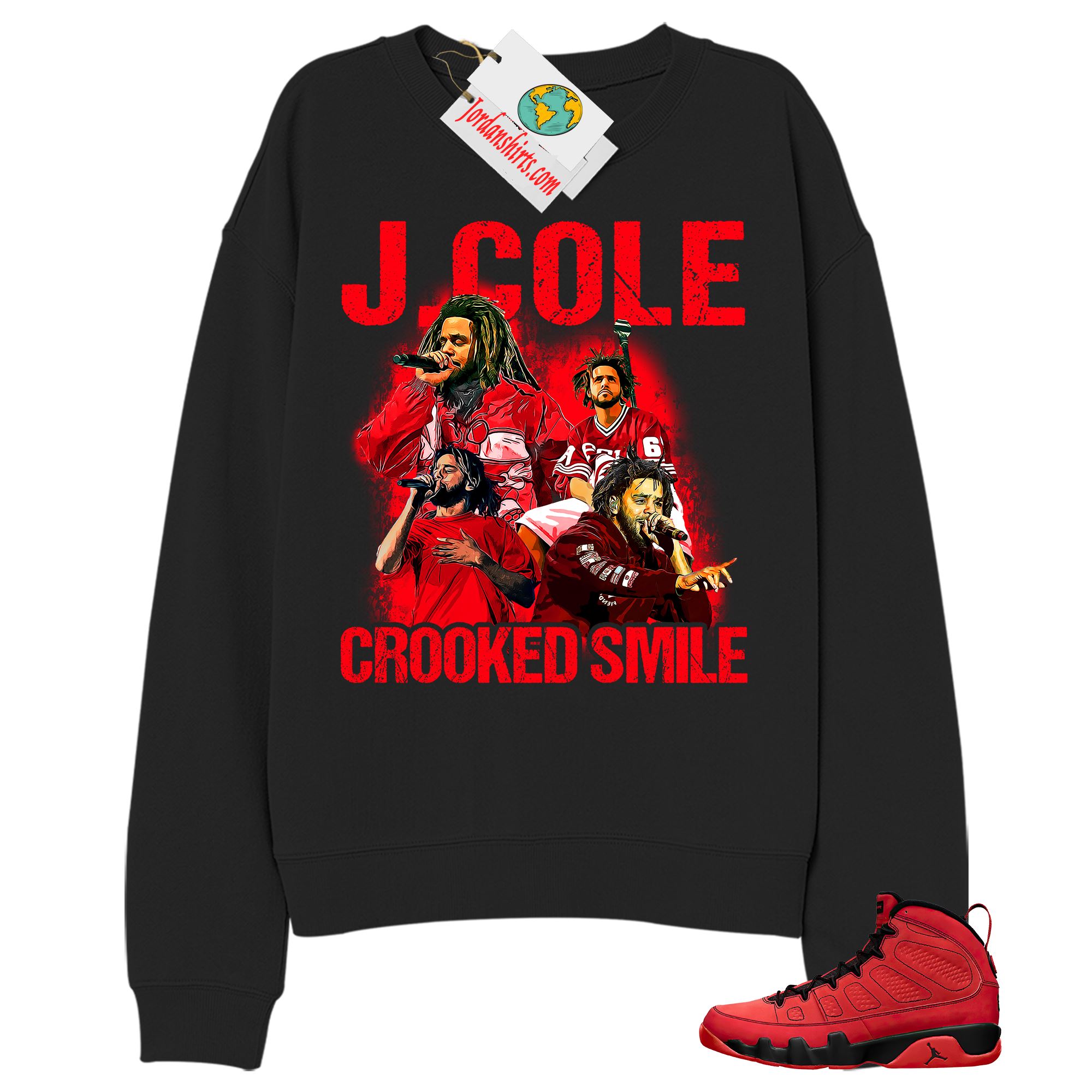 Jordan 9 Sweatshirt, J Cole Bootleg Vintage Raptee Black Sweatshirt Air Jordan 9 Chile Red 9s Full Size Up To 5xl