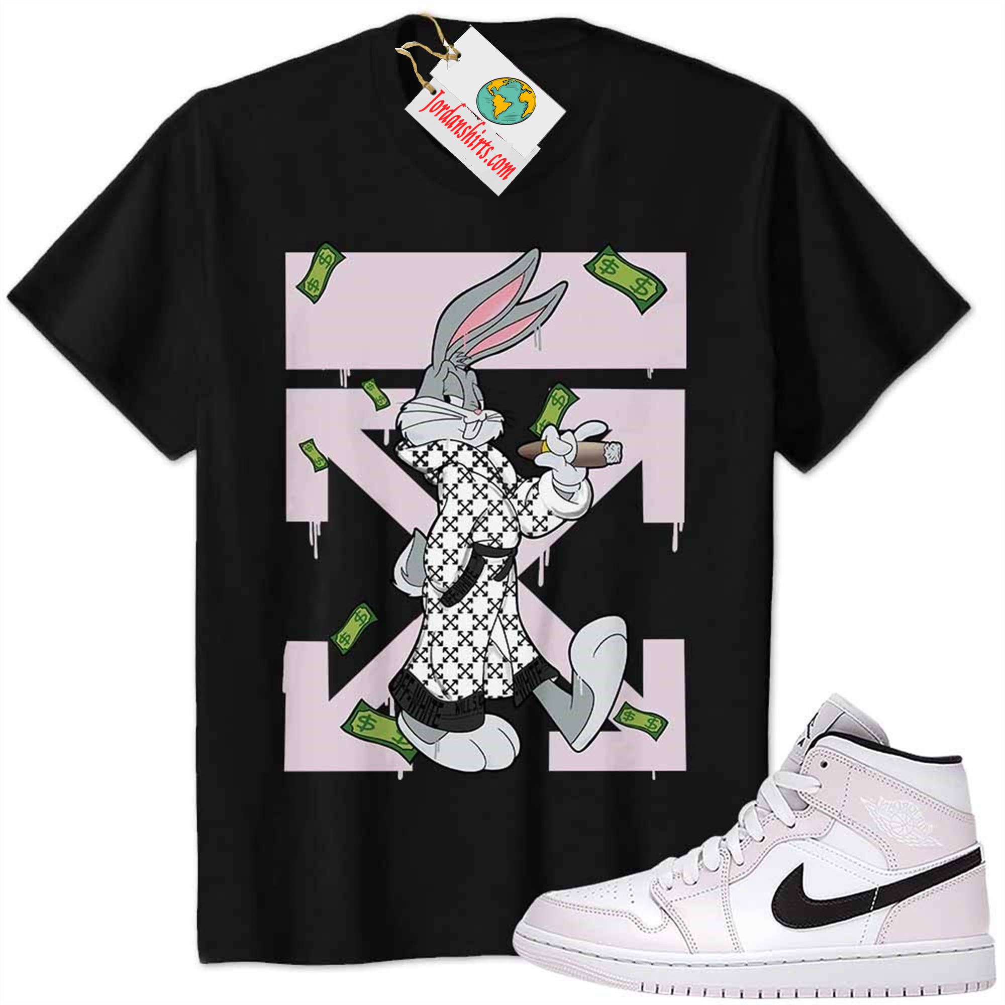 Jordan 1 Shirt, Jordan 1 Barely Rose Shirt Bug Bunny Smokes Weed Money Falling Black Size Up To 5xl