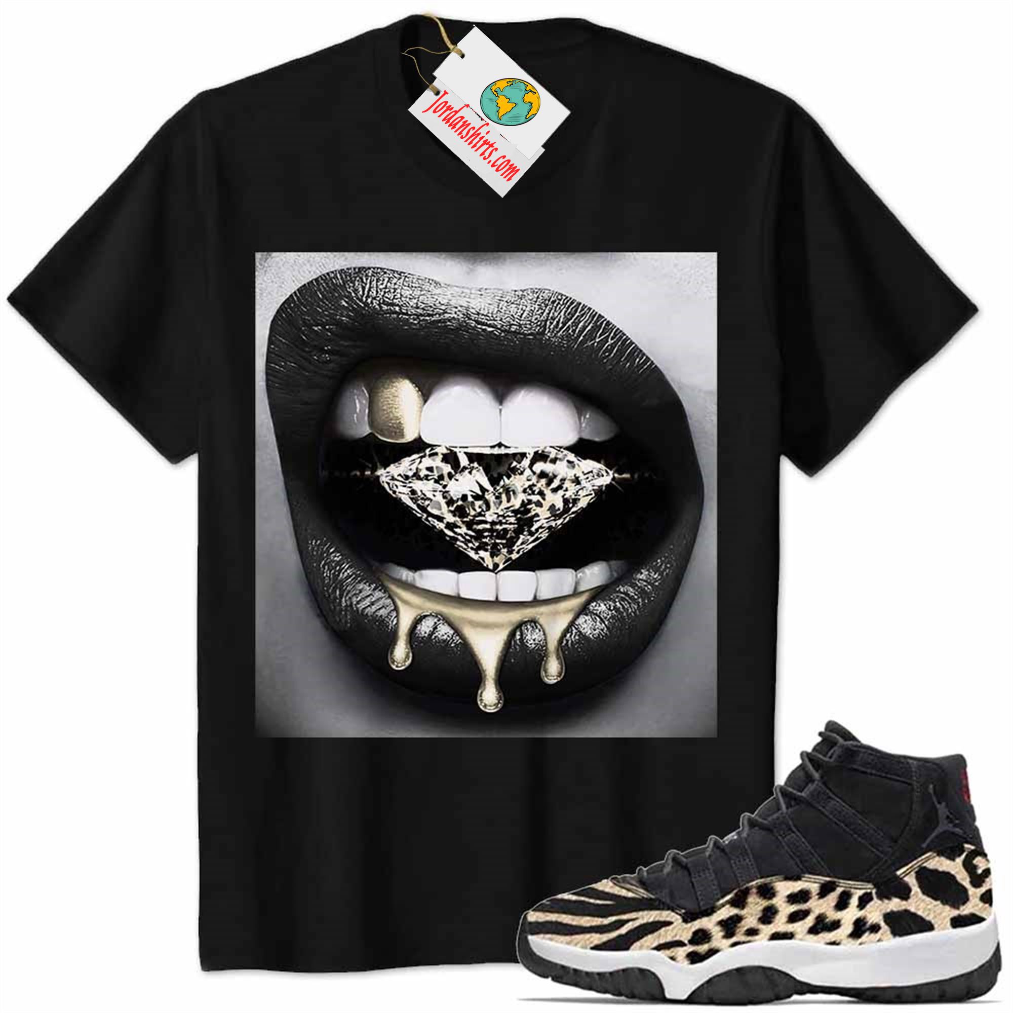 Jordan 11 Shirt, Jordan 11 Animal Print Shirt Sexy Lip Bite Diamond Dripping Black Size Up To 5xl