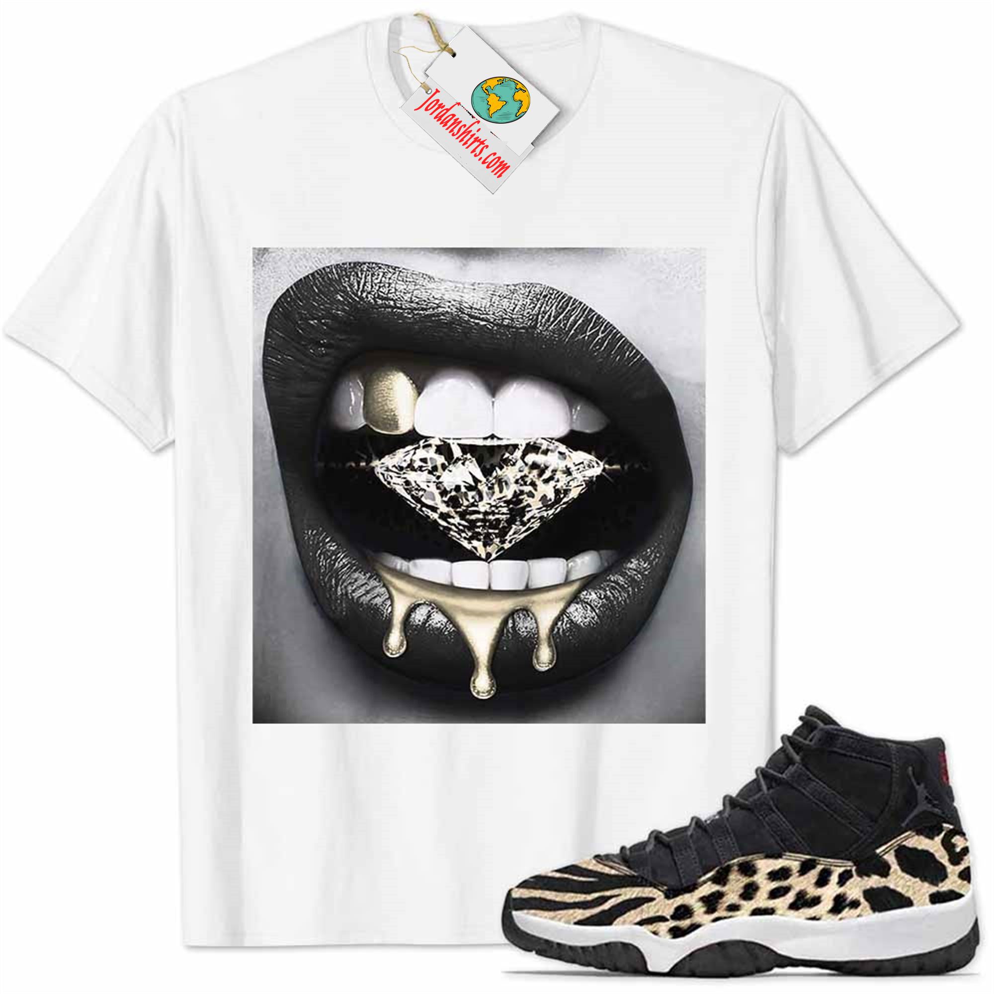 Jordan 11 Shirt, Jordan 11 Animal Print Shirt Sexy Lip Bite Diamond Dripping White Size Up To 5xl