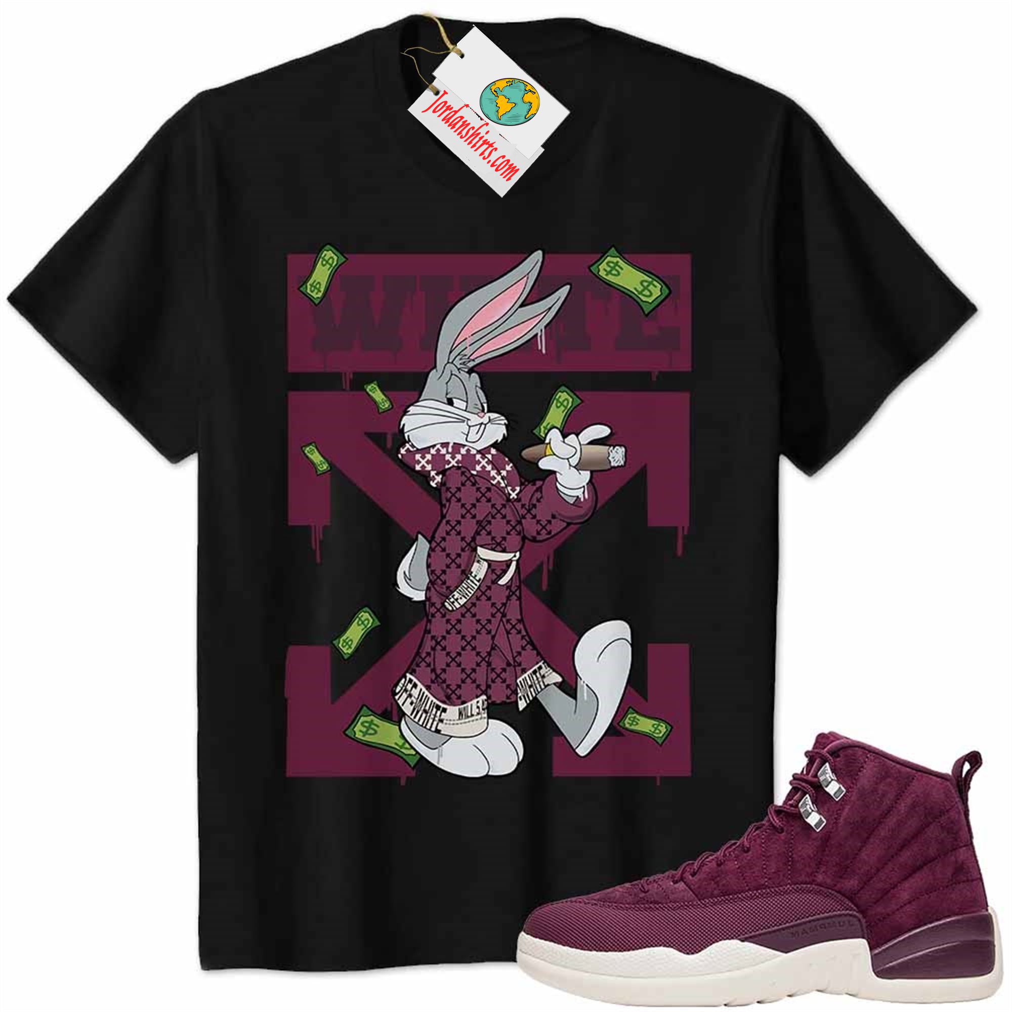 Jordan 12 Shirt, Jordan 12 Bordeaux Shirt Bug Bunny Smokes Weed Money Falling Black Size Up To 5xl