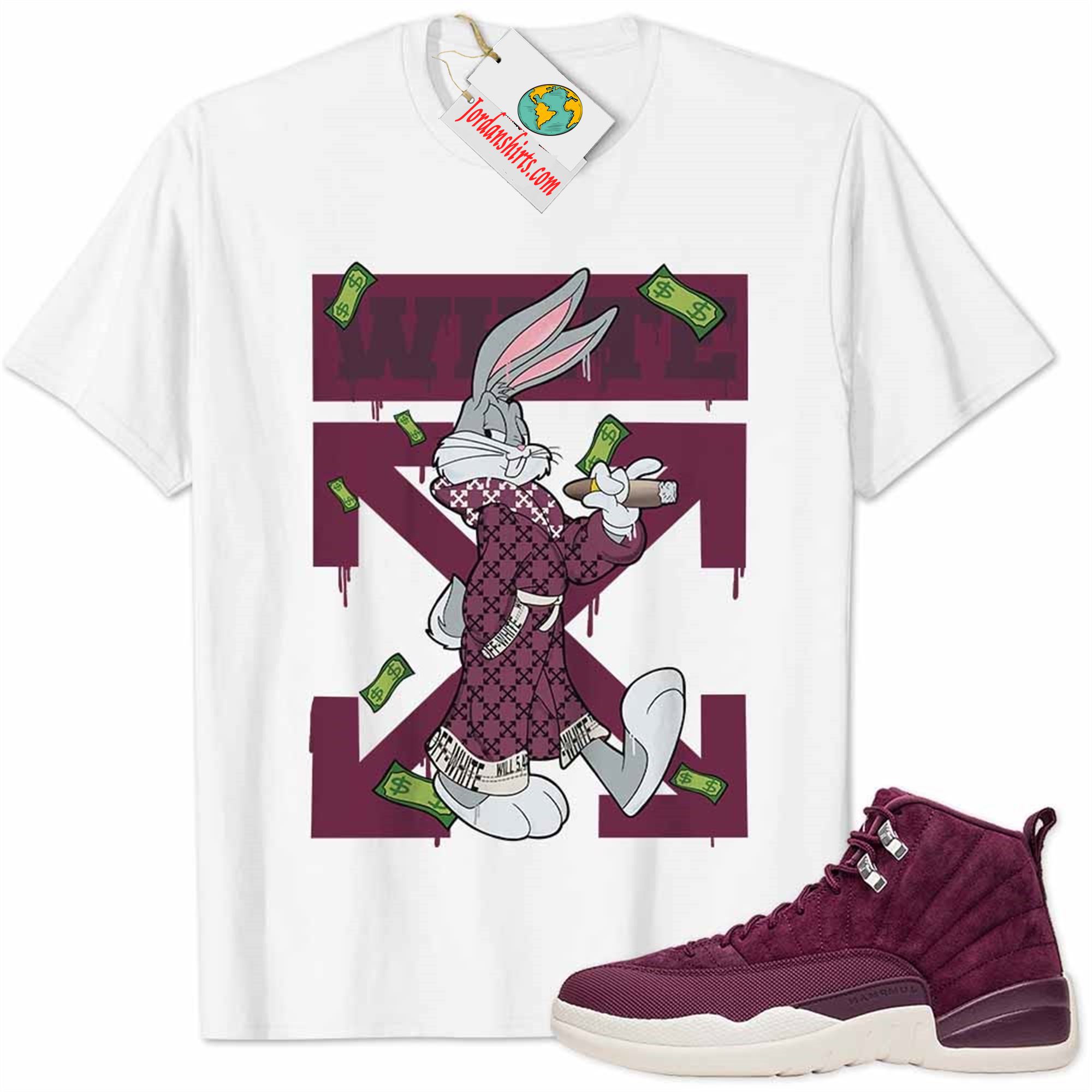 Jordan 12 Shirt, Jordan 12 Bordeaux Shirt Bug Bunny Smokes Weed Money Falling White Full Size Up To 5xl