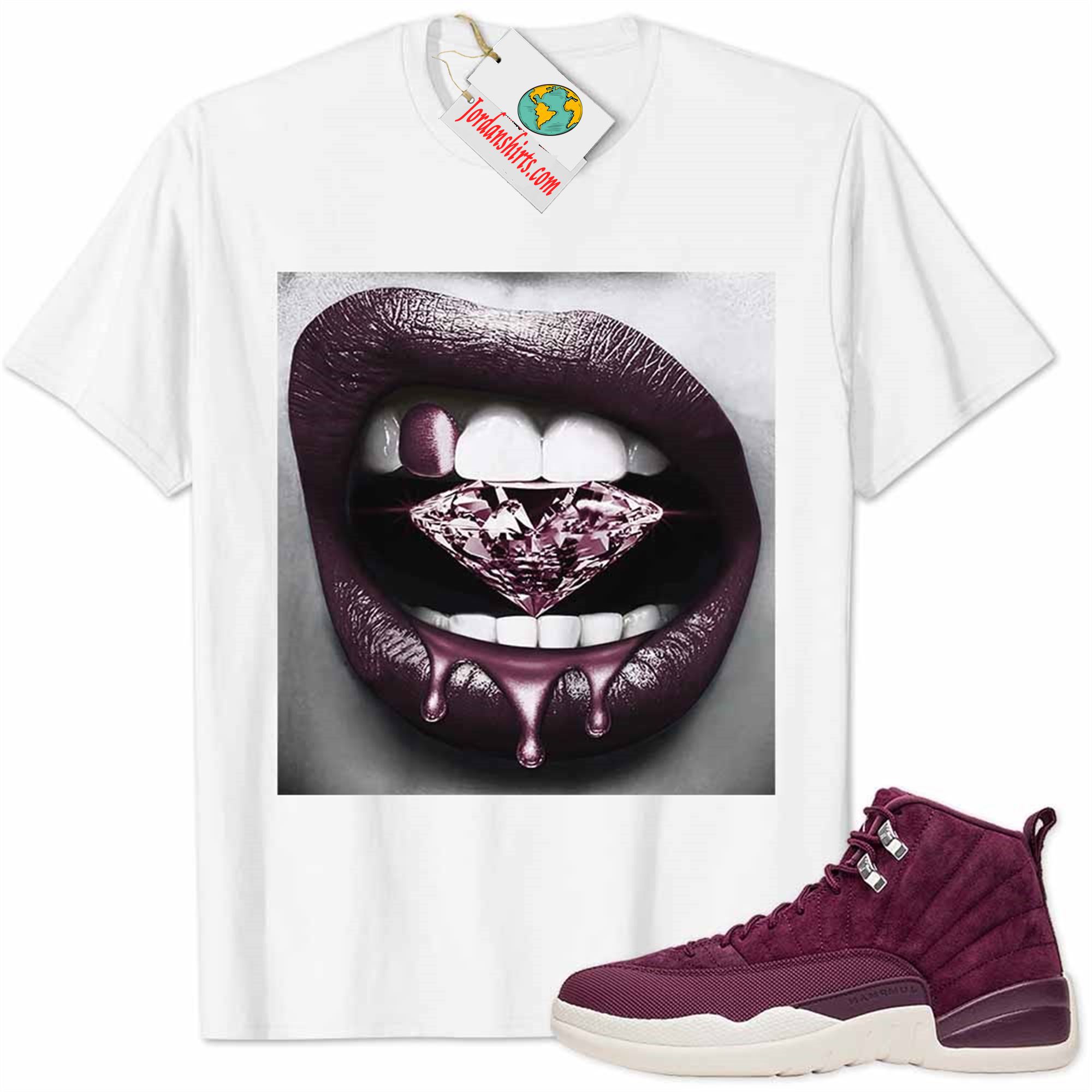 Jordan 12 Shirt, Jordan 12 Bordeaux Shirt Sexy Lip Bite Diamond Dripping White Plus Size Up To 5xl