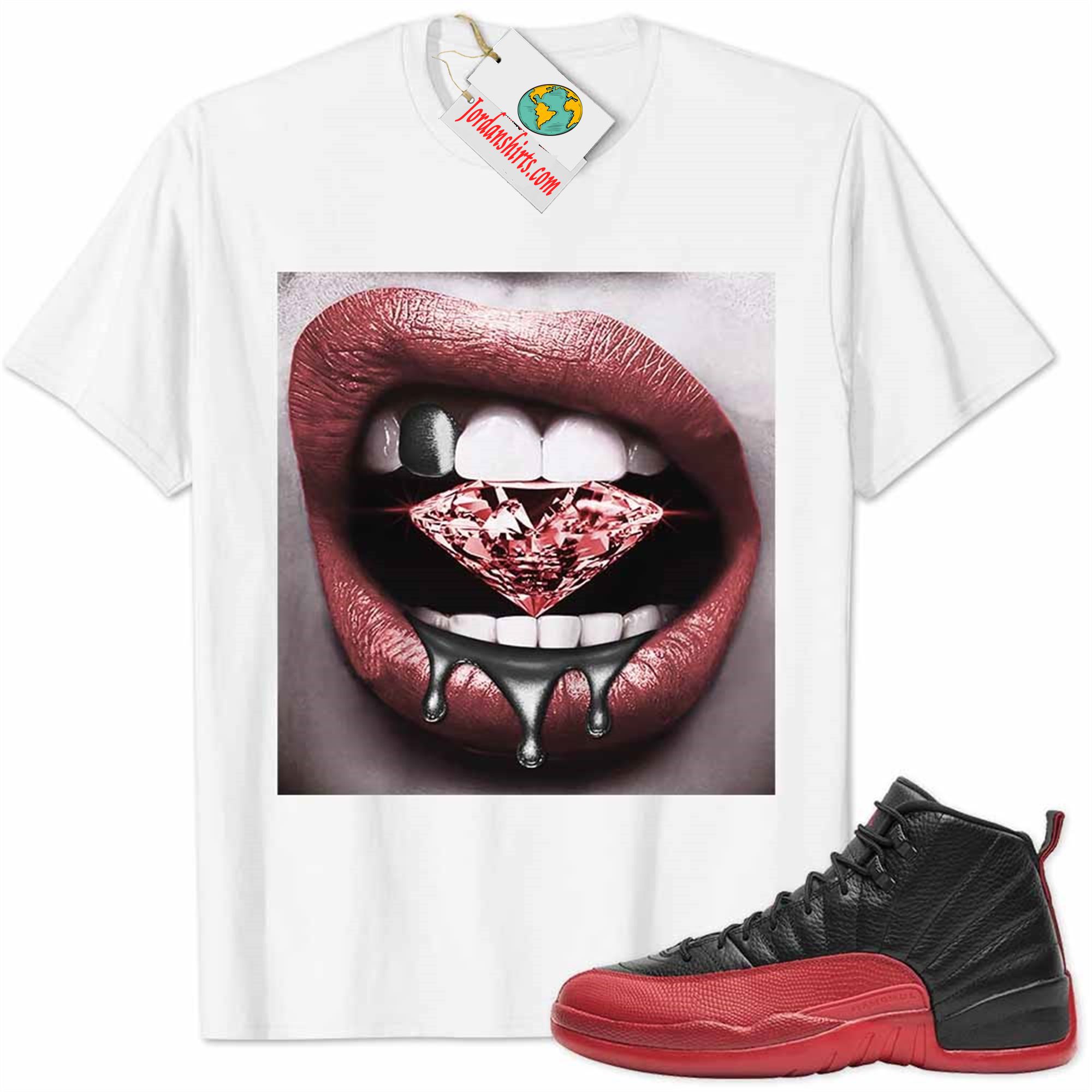 Jordan 12 Shirt, Jordan 12 Flu Game Shirt Sexy Lip Bite Diamond Dripping White Size Up To 5xl