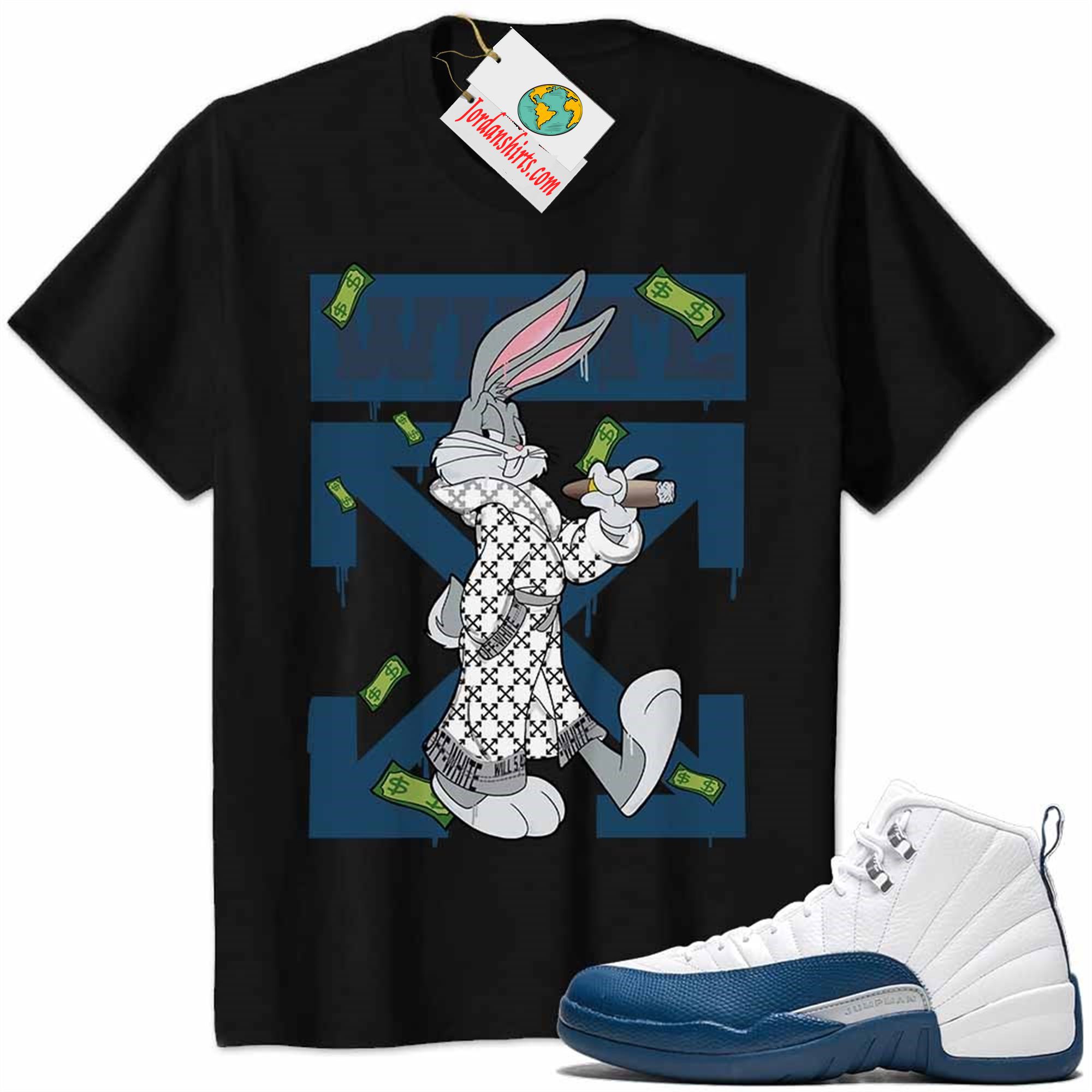 Jordan 12 Shirt, Jordan 12 French Blue Shirt Bug Bunny Smokes Weed Money Falling Black Full Size Up To 5xl