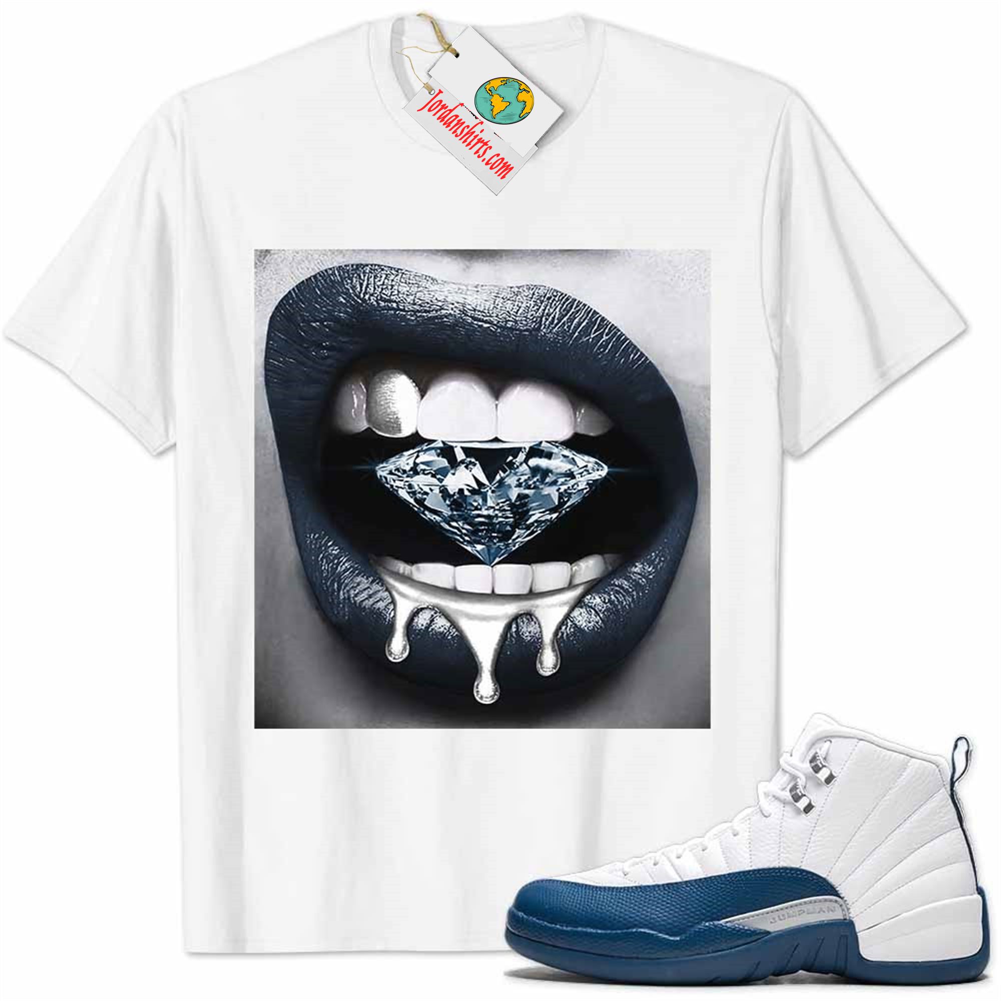 Jordan 12 Shirt, Jordan 12 French Blue Shirt Sexy Lip Bite Diamond Dripping White Full Size Up To 5xl