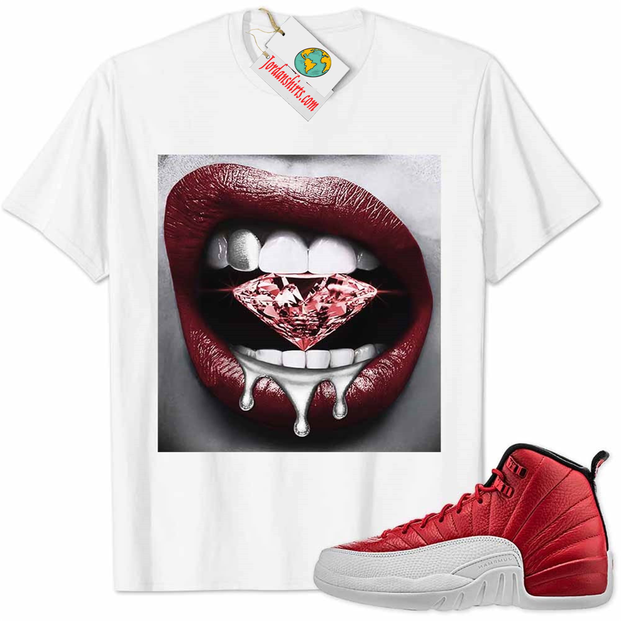 Jordan 12 Shirt, Jordan 12 Gym Red Shirt Sexy Lip Bite Diamond Dripping White Plus Size Up To 5xl