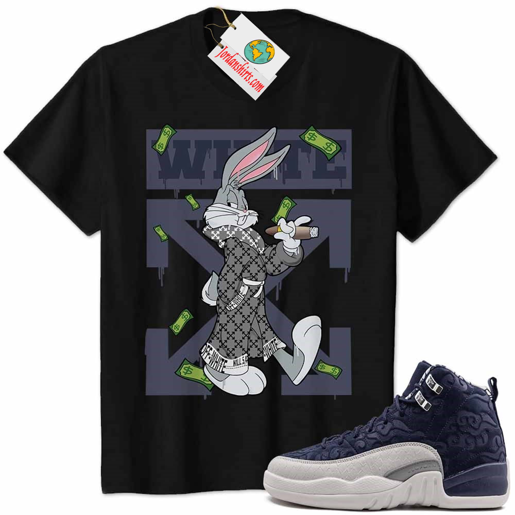 Jordan 12 Shirt, Jordan 12 International Flight Shirt Bug Bunny Smokes Weed Money Falling Black Plus Size Up To 5xl