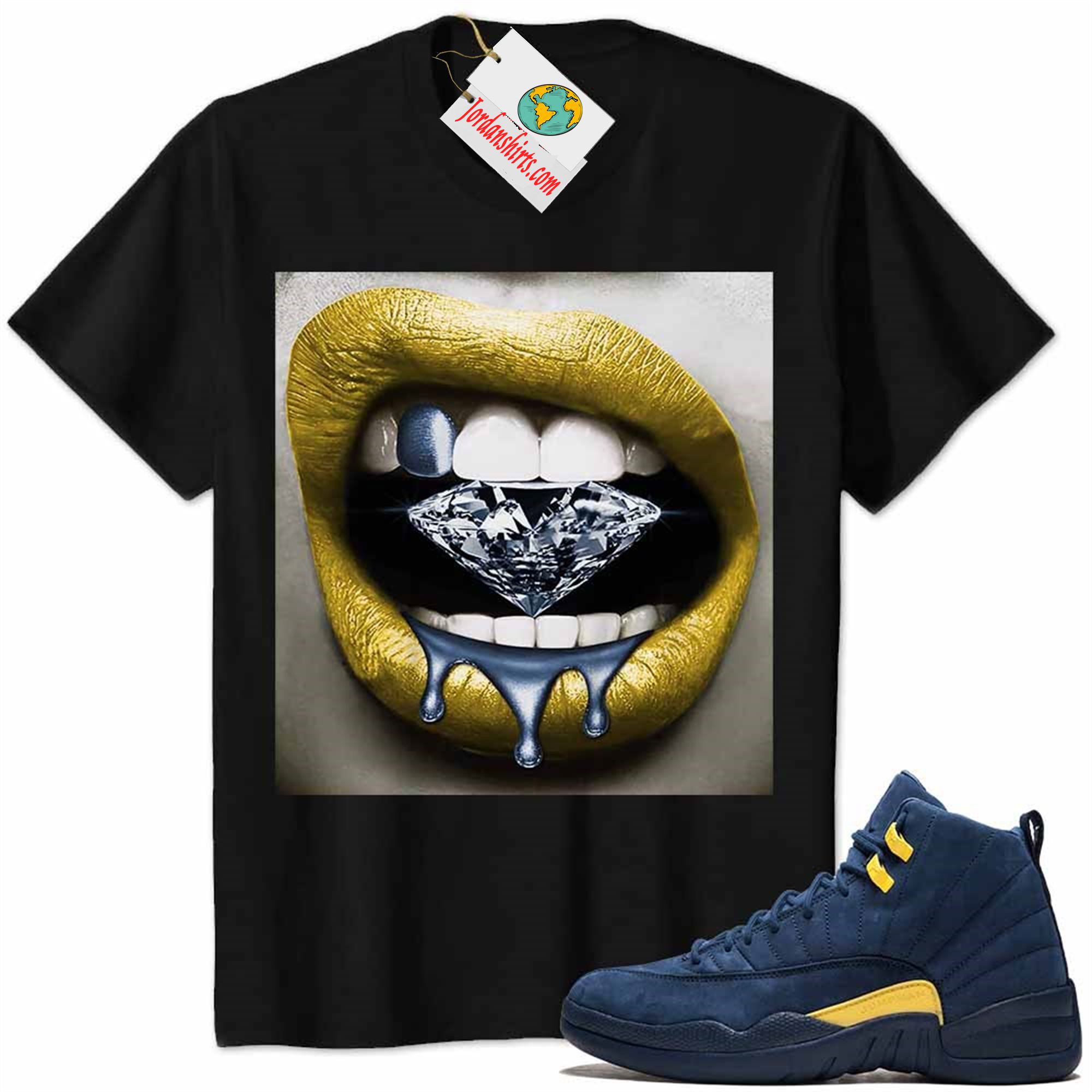 Jordan 12 Shirt, Jordan 12 Michigan Shirt Sexy Lip Bite Diamond Dripping Black Plus Size Up To 5xl