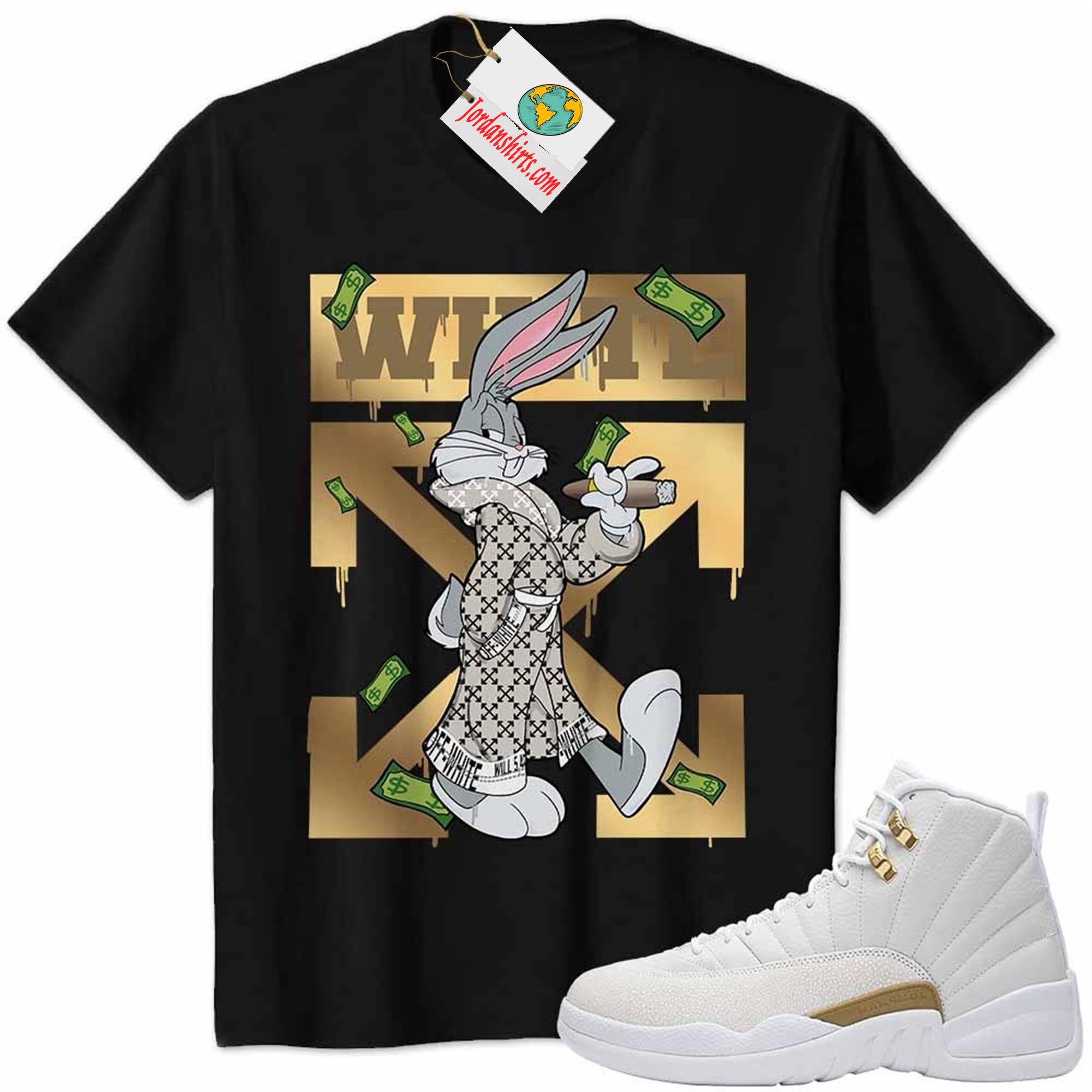 Jordan 12 Shirt, Jordan 12 Ovo Shirt Bug Bunny Smokes Weed Money Falling Black Size Up To 5xl