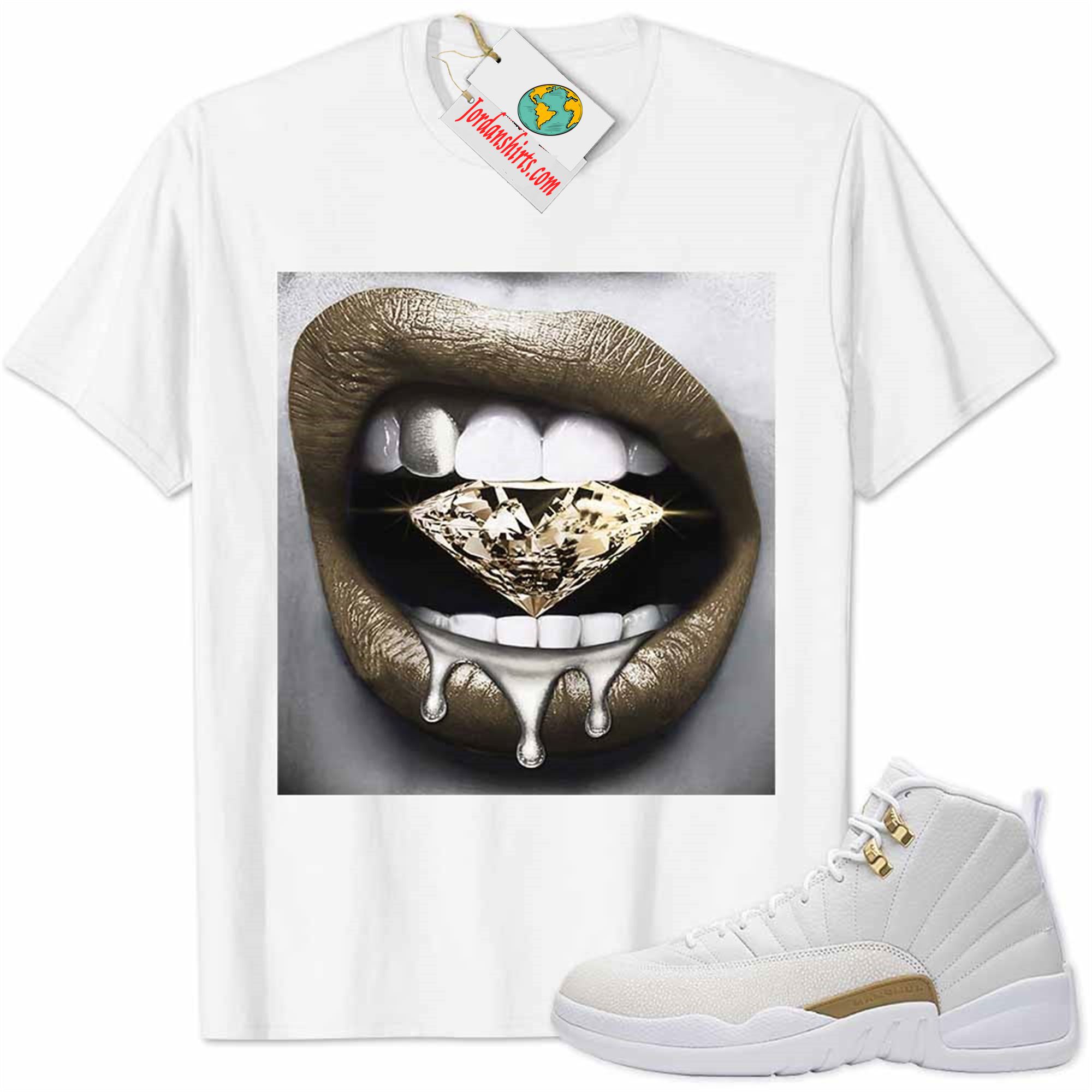 Jordan 12 Shirt, Jordan 12 Ovo Shirt Sexy Lip Bite Diamond Dripping White Full Size Up To 5xl