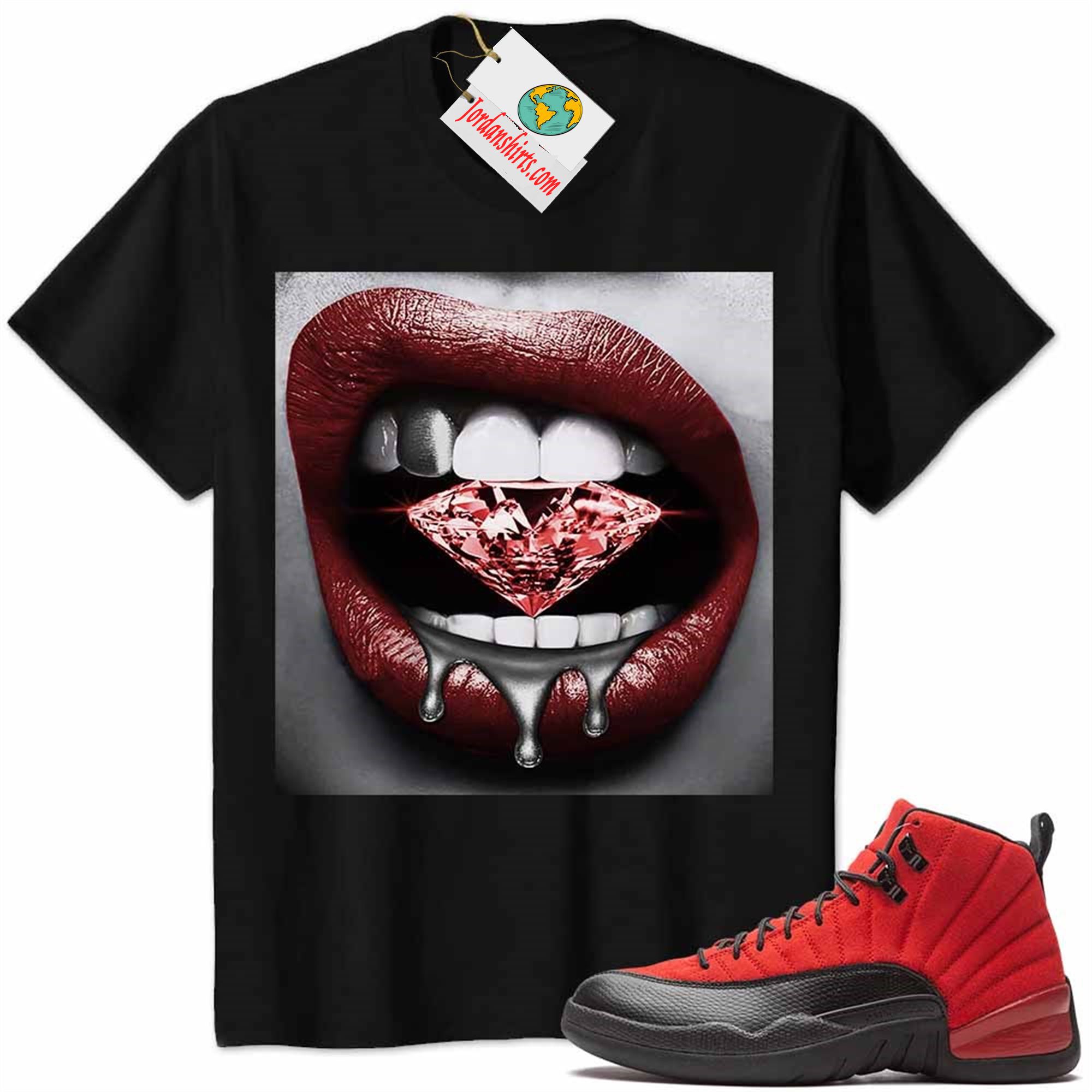 Jordan 12 Shirt, Jordan 12 Reverse Flu Game Shirt Sexy Lip Bite Diamond Dripping Black Full Size Up To 5xl