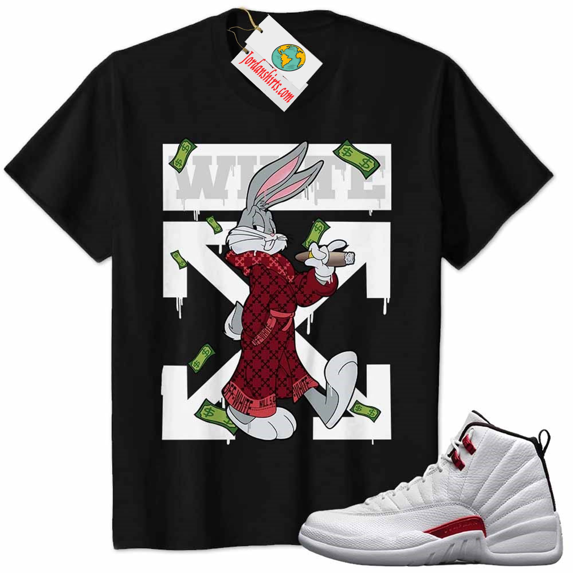 Jordan 12 Shirt, Jordan 12 Twist Shirt Bug Bunny Smokes Weed Money Falling Black Size Up To 5xl