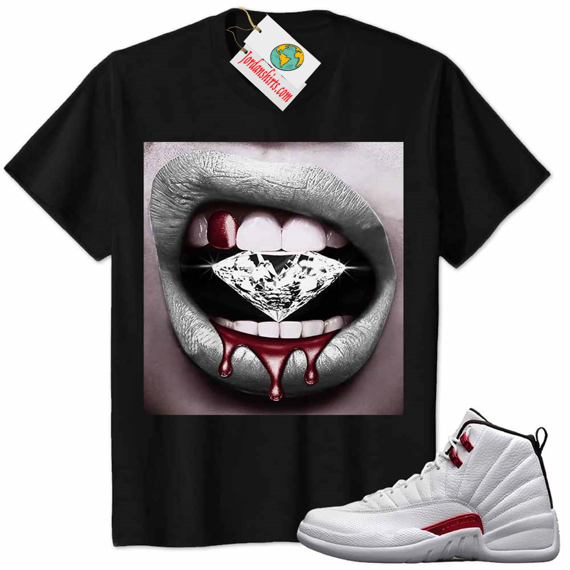 Jordan 12 Shirt, Jordan 12 Twist Shirt Sexy Lip Bite Diamond Dripping Black Full Size Up To 5xl