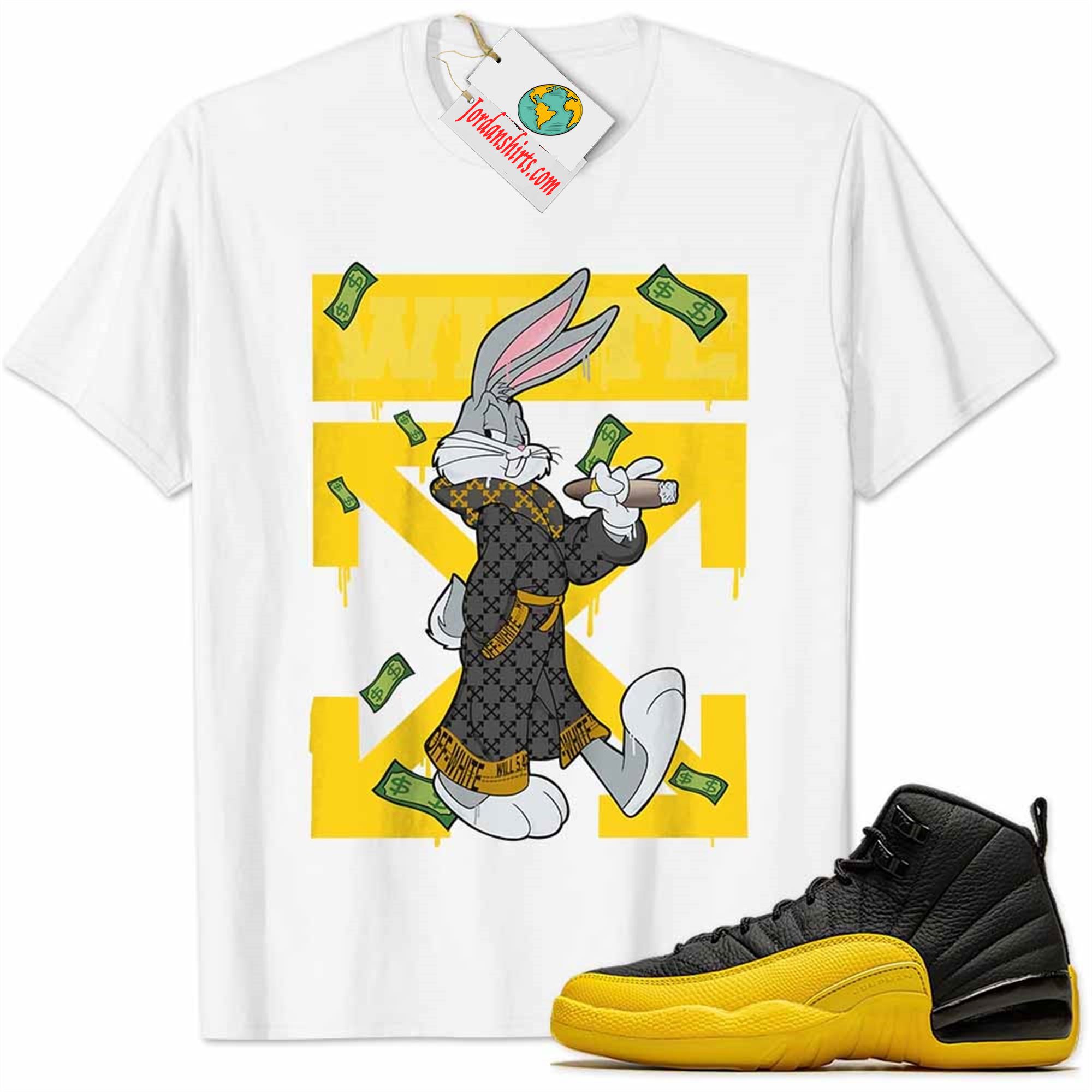 Jordan 12 Shirt, Jordan 12 University Gold Shirt Bug Bunny Smokes Weed Money Falling White Size Up To 5xl