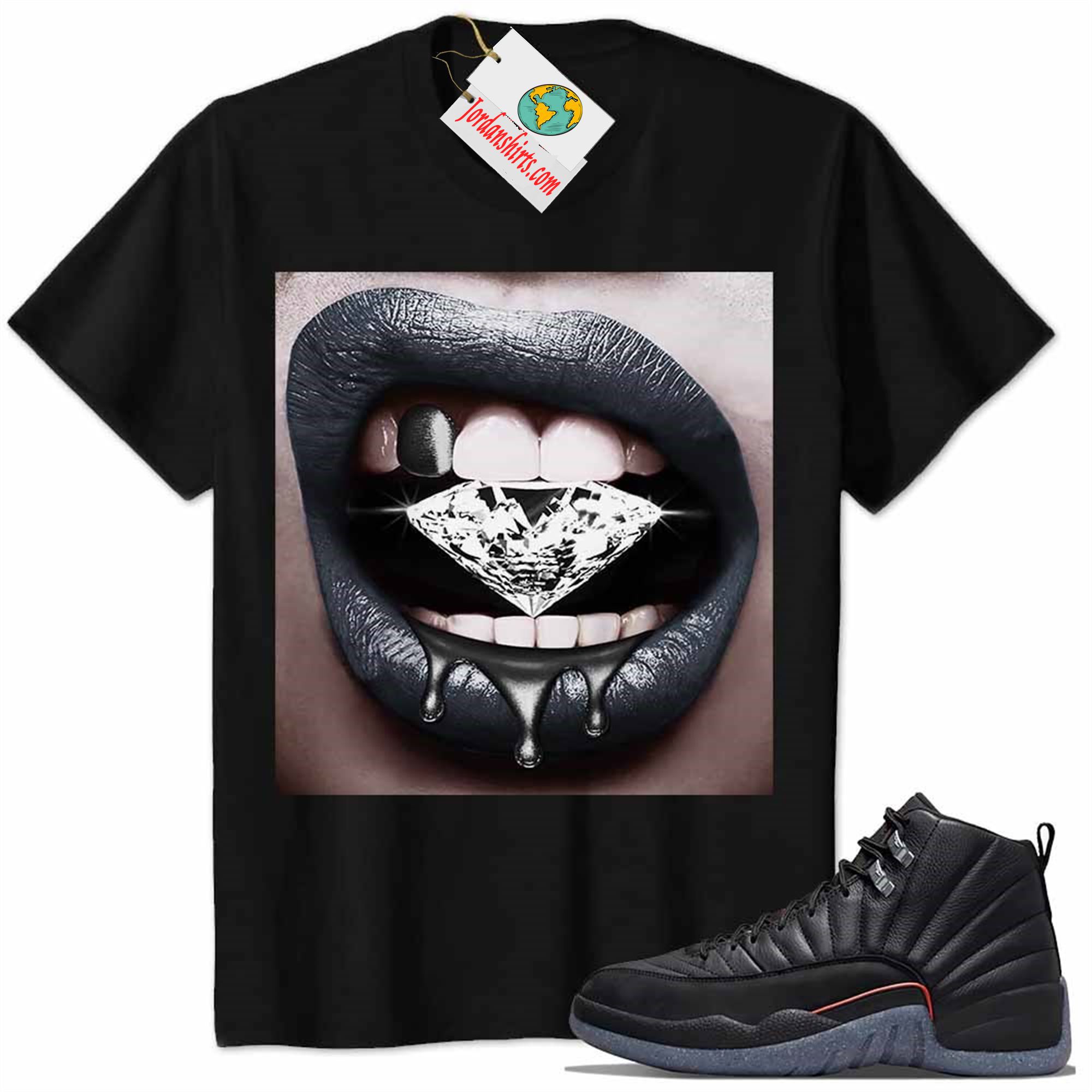Jordan 12 Shirt, Jordan 12 Utility Grind Shirt Sexy Lip Bite Diamond Dripping Black Full Size Up To 5xl
