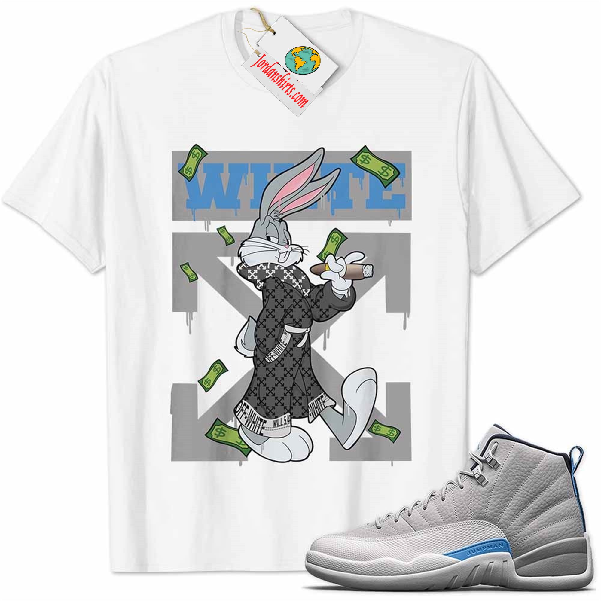 Jordan 12 Shirt, Jordan 12 Wolf Grey Shirt Bug Bunny Smokes Weed Money Falling White Size Up To 5xl