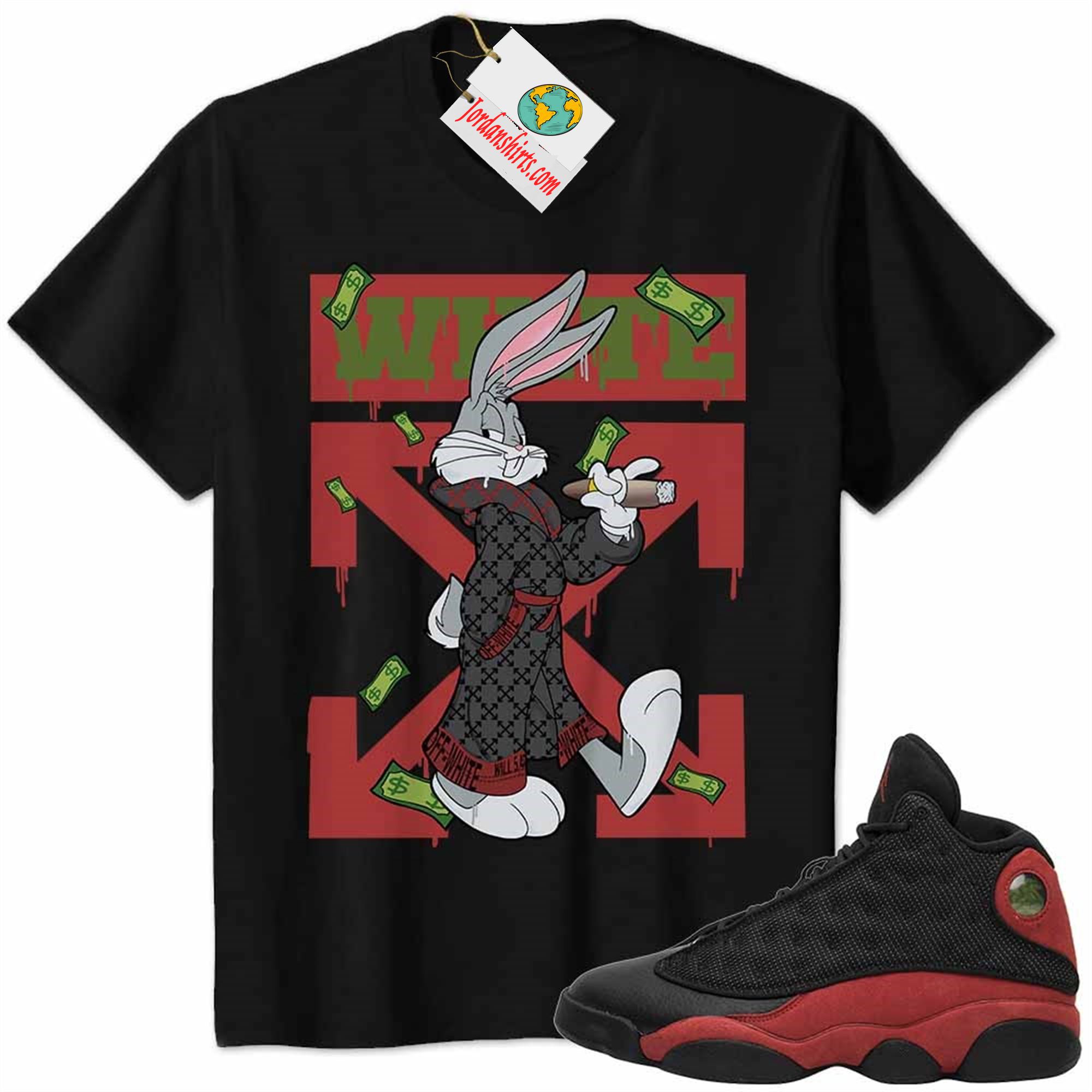 Jordan 13 Shirt, Jordan 13 Bred Shirt Bug Bunny Smokes Weed Money Falling Black Size Up To 5xl