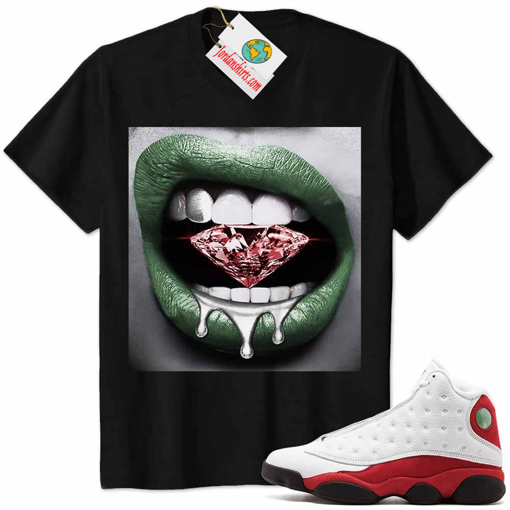 Jordan 13 Shirt, Jordan 13 Chicago Shirt Sexy Lip Bite Diamond Dripping Black Size Up To 5xl