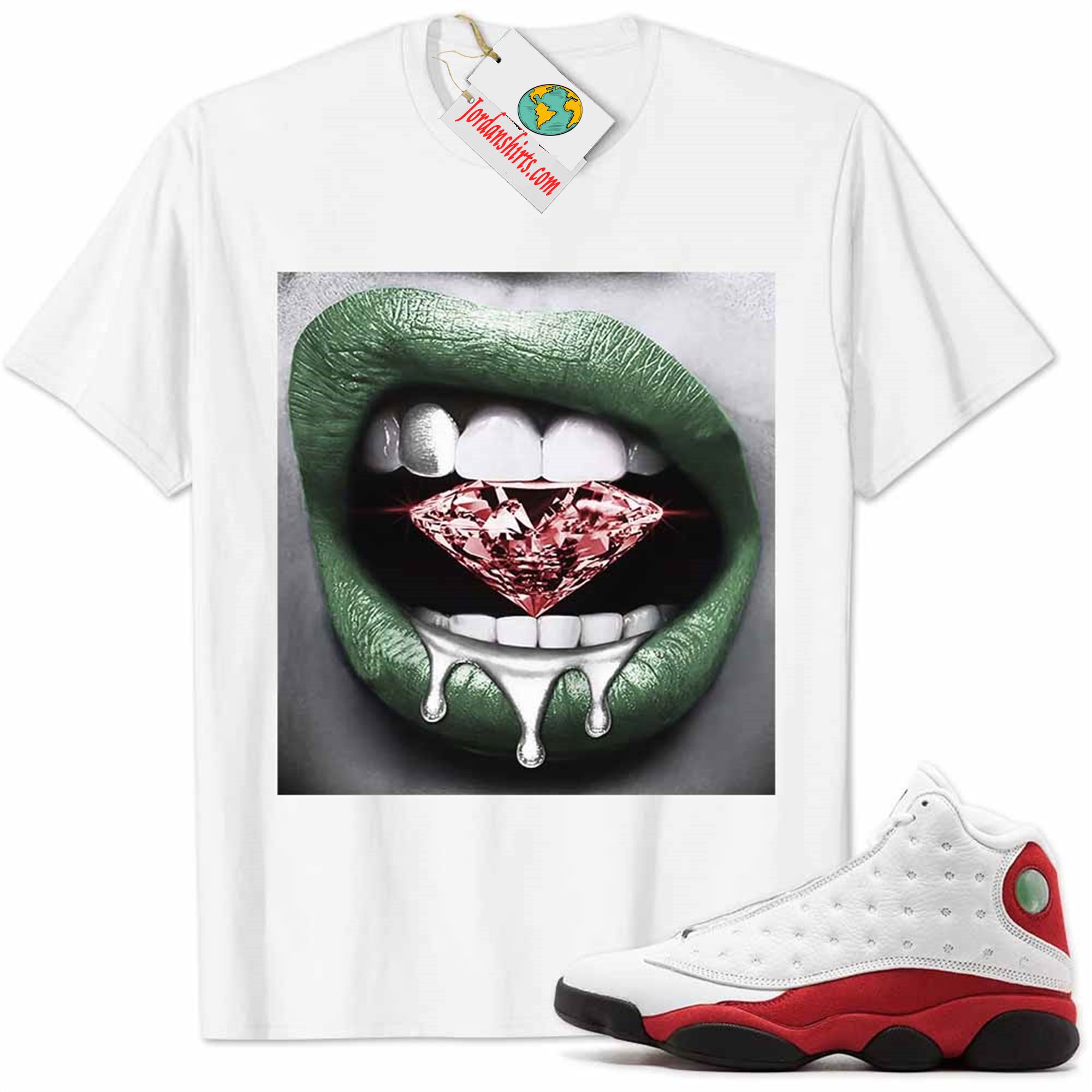 Jordan 13 Shirt, Jordan 13 Chicago Shirt Sexy Lip Bite Diamond Dripping White Size Up To 5xl