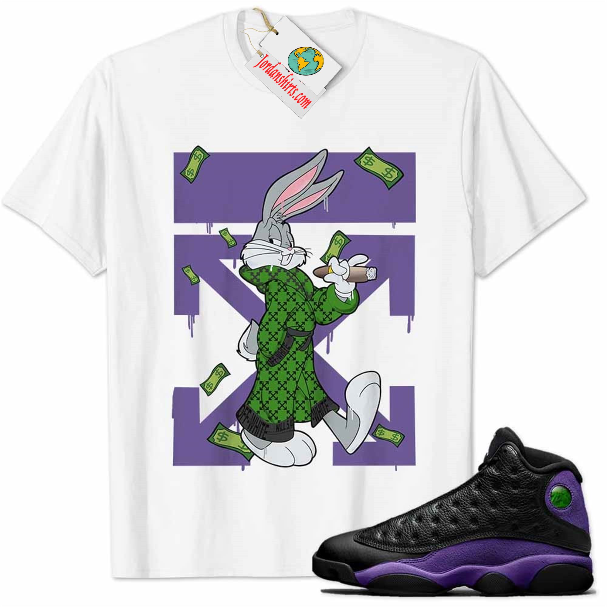 Jordan 13 Shirt, Jordan 13 Court Purple Shirt Bug Bunny Smokes Weed Money Falling White Plus Size Up To 5xl