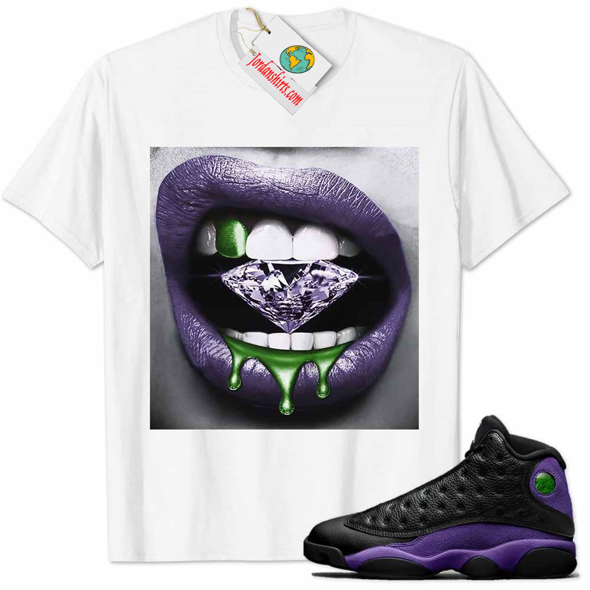 Jordan 13 Shirt, Jordan 13 Court Purple Shirt Sexy Lip Bite Diamond Dripping White Plus Size Up To 5xl