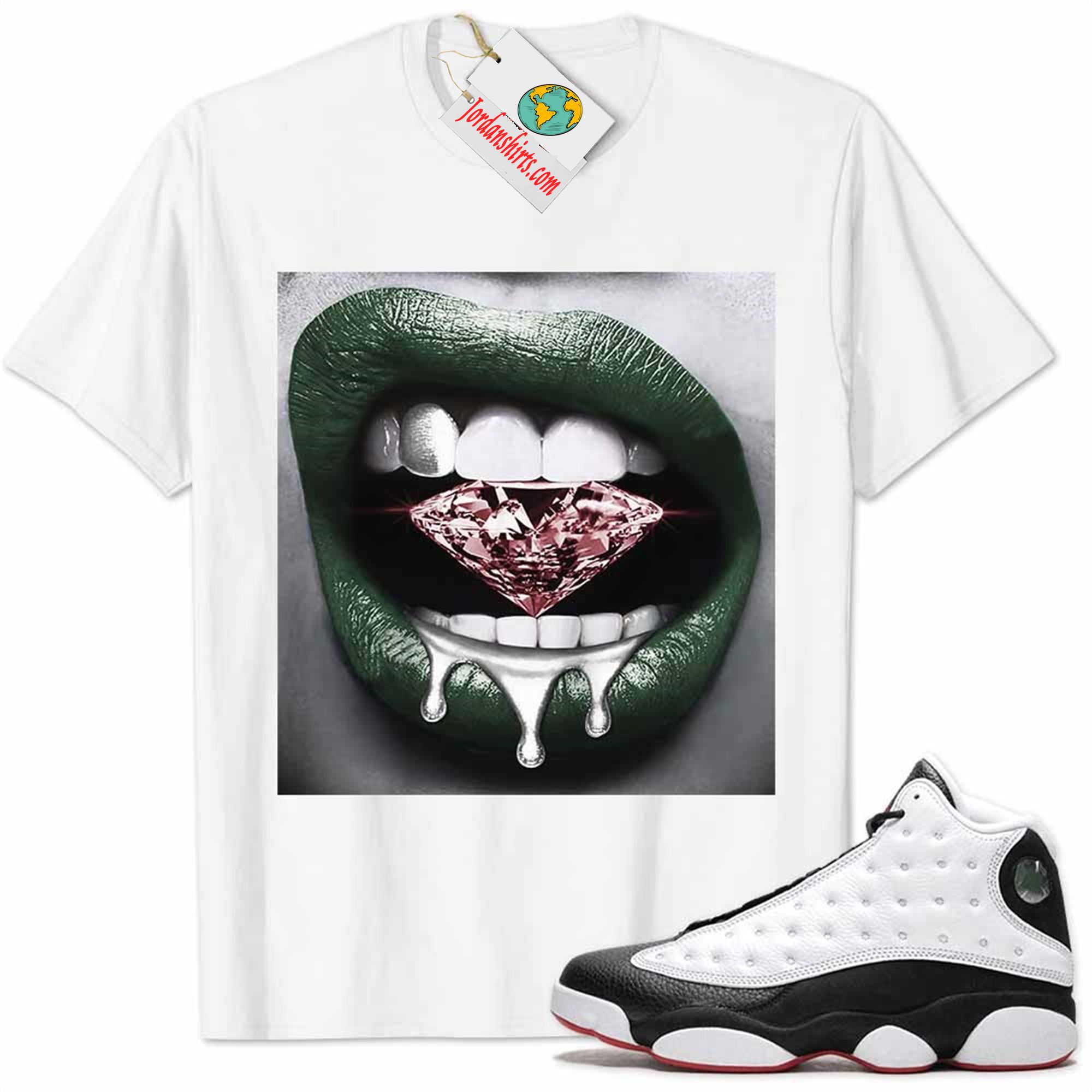 Jordan 13 Shirt, Jordan 13 He Got Game Shirt Sexy Lip Bite Diamond Dripping White Full Size Up To 5xl