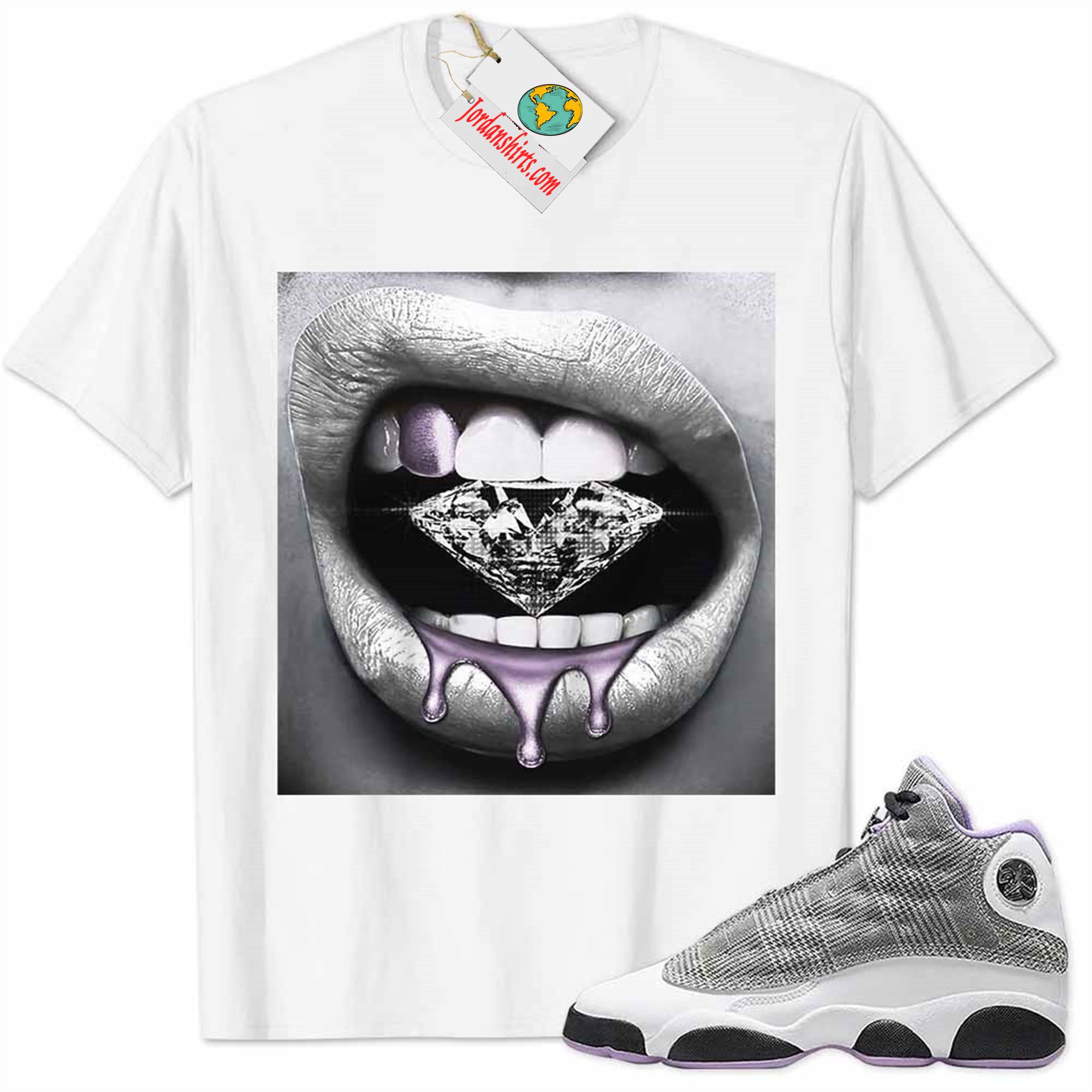 Jordan 13 Shirt, Jordan 13 Houndstooth Shirt Sexy Lip Bite Diamond Dripping White Plus Size Up To 5xl