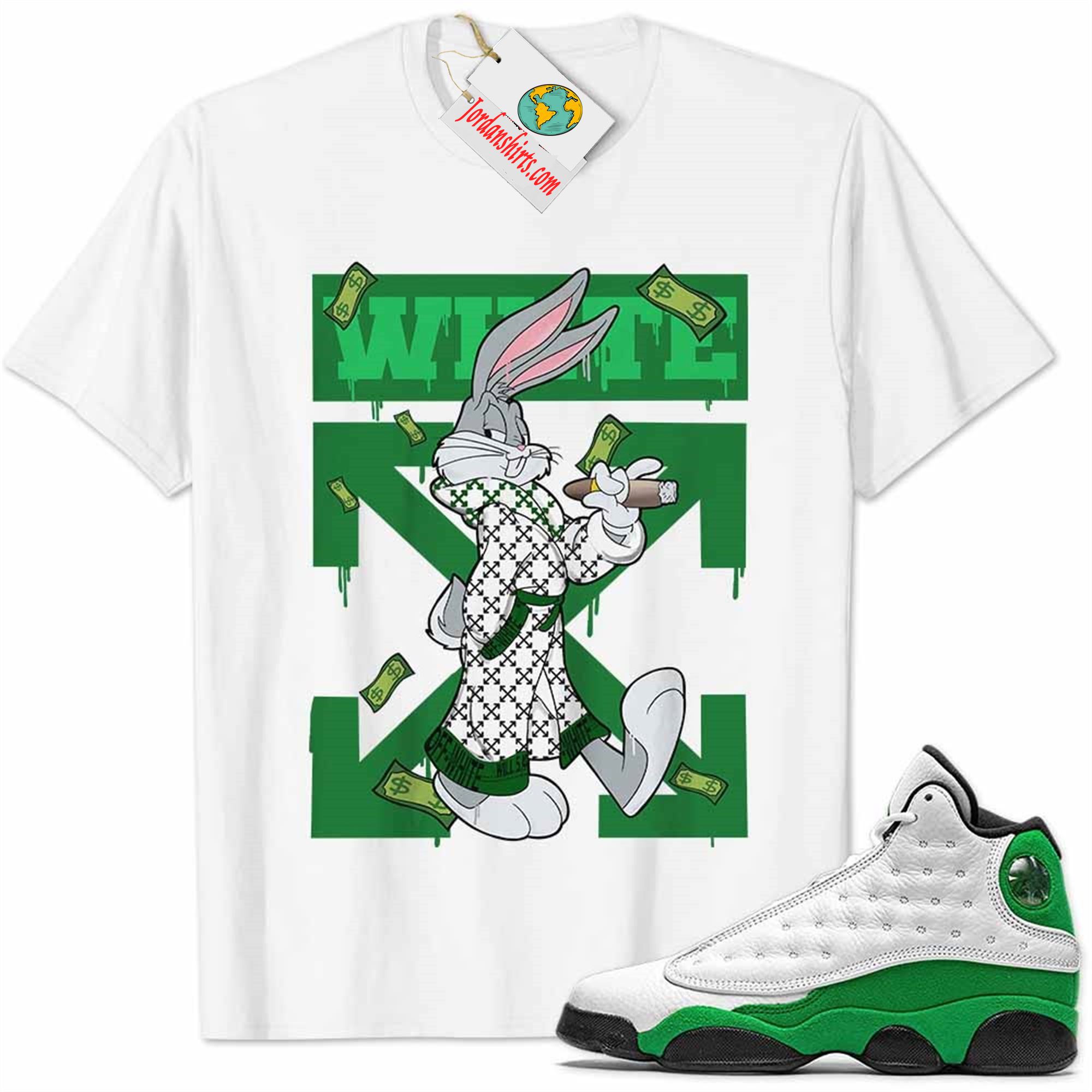 Jordan 13 Shirt, Jordan 13 Lucky Green Shirt Bug Bunny Smokes Weed Money Falling White Size Up To 5xl