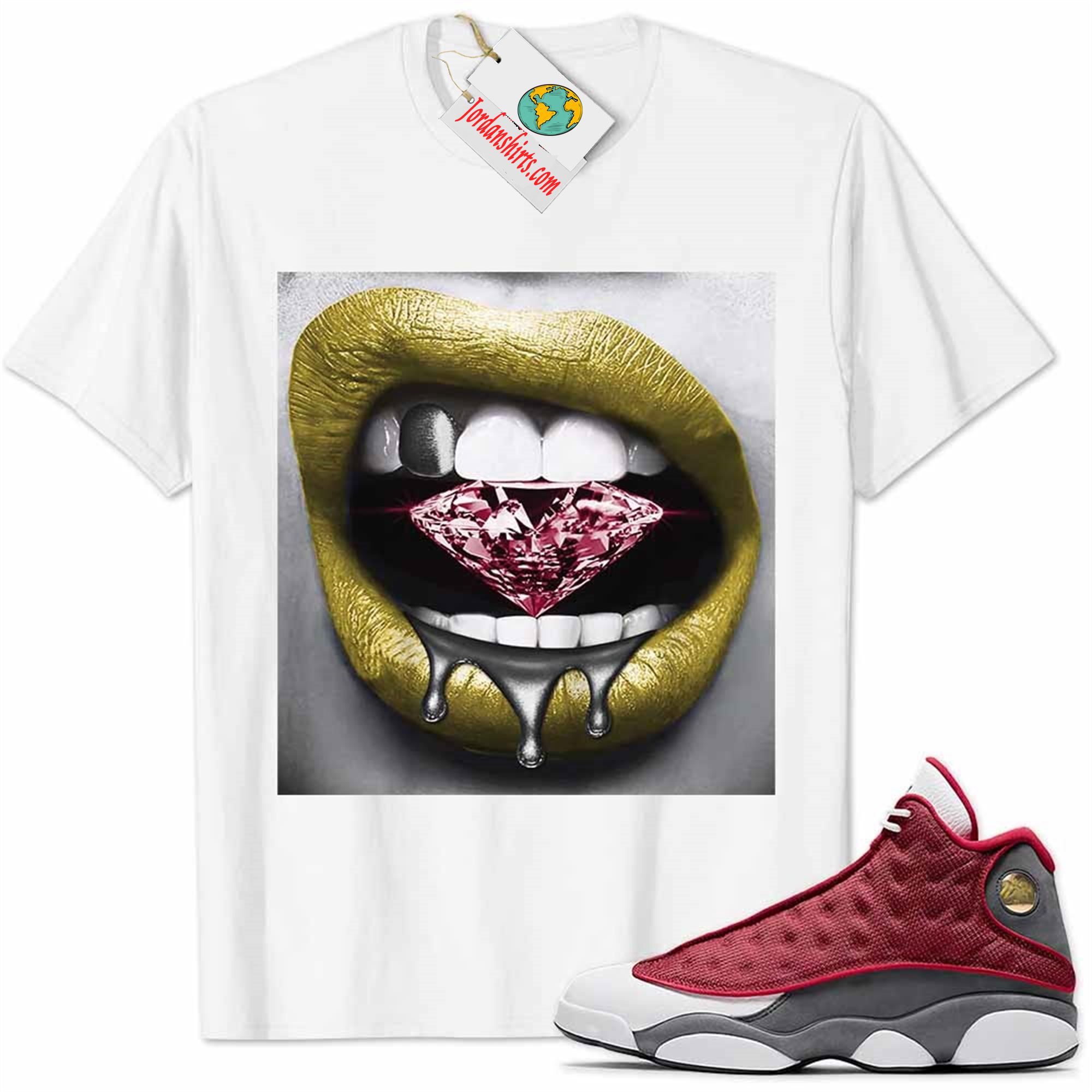 Jordan 13 Shirt, Jordan 13 Red Flint Shirt Sexy Lip Bite Diamond Dripping White Plus Size Up To 5xl