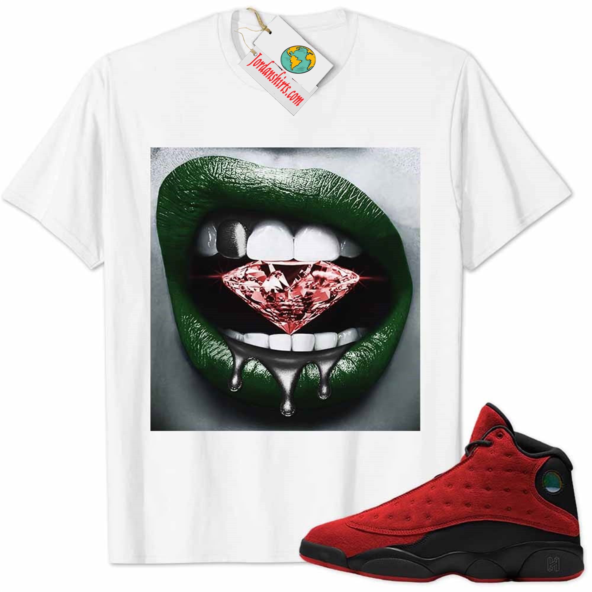 Jordan 13 Shirt, Jordan 13 Reverse Bred Shirt Sexy Lip Bite Diamond Dripping White Full Size Up To 5xl