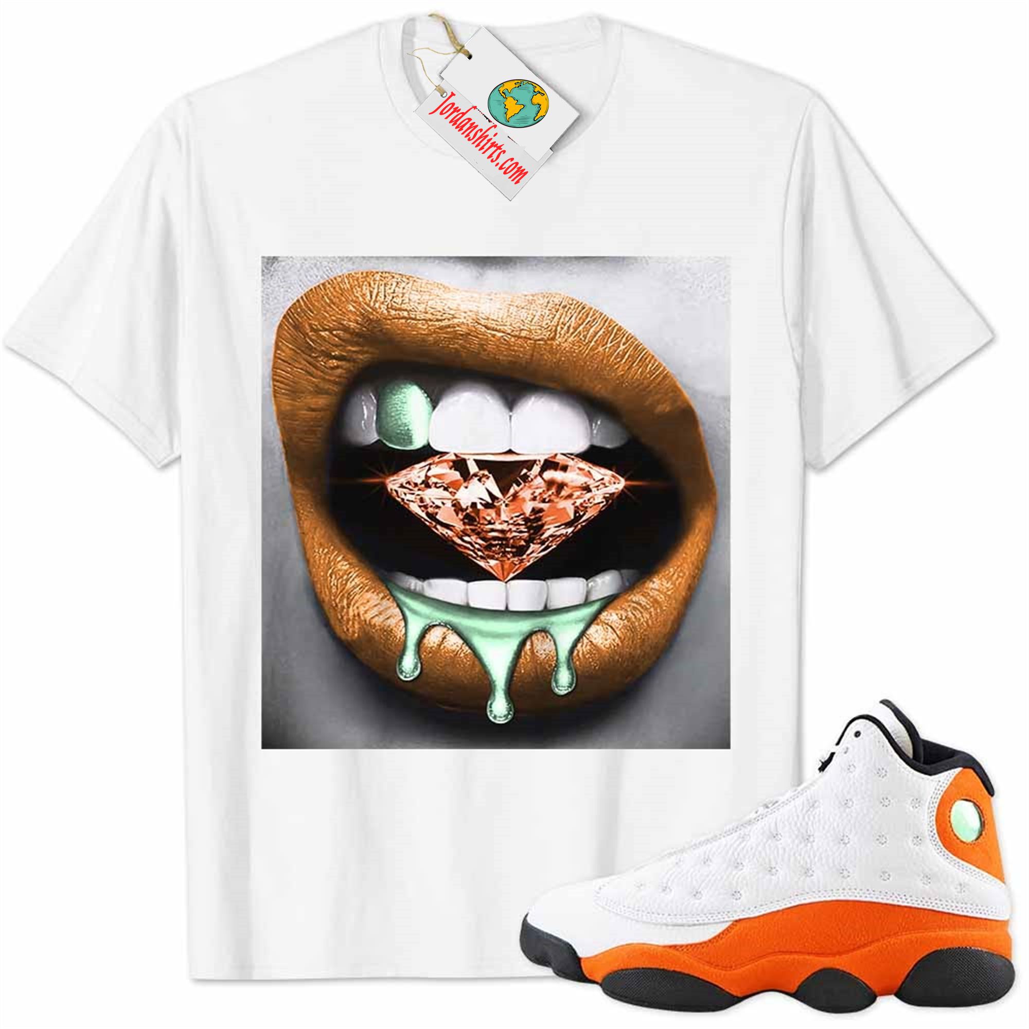 Jordan 13 Shirt, Jordan 13 Starfish Shirt Sexy Lip Bite Diamond Dripping White Size Up To 5xl